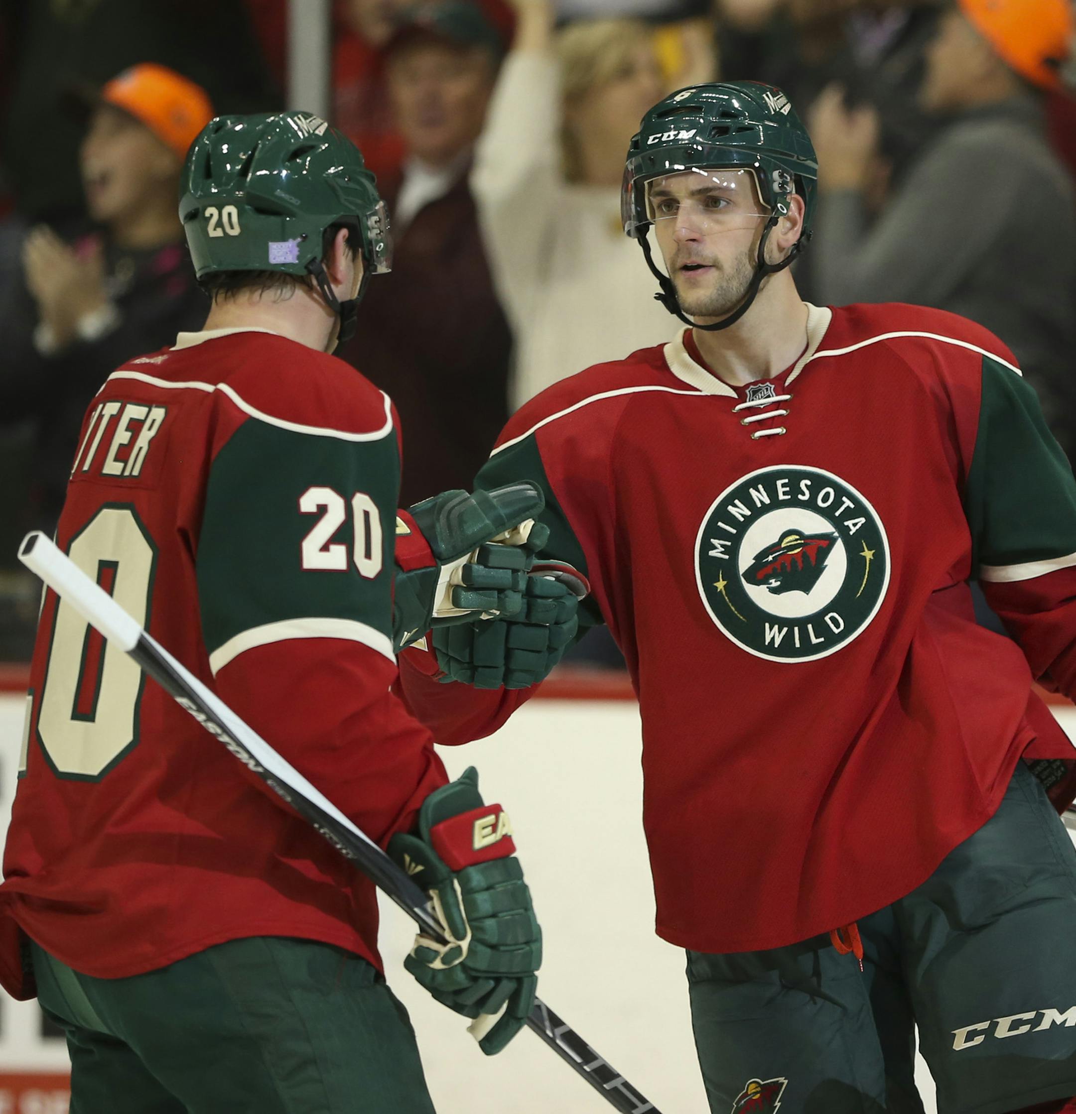 Wild defenseman Marco Scandella (6) was congratulated by defenseman Ryan Suter (20) on his game-tying goal in the second period Thursday night. ] JEFF WHEELER ï jeff.wheeler@startribune.com The Minnesota Wild faced the Nashville Predators in an NHL hockey game Thursday night, November 5, 2015 at Xcel Energy Center in St. Paul.