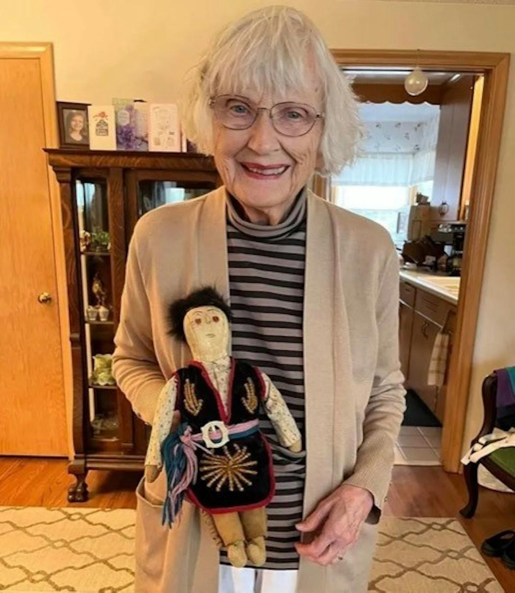 Betty Curle Baxter, 92, of Minneapolis, whose father remembers seeing the Red Rock outside his bedroom window. She received the doll as a young girl from Minnie Otherday, a Dakota neighbor in Eden Prairie. 