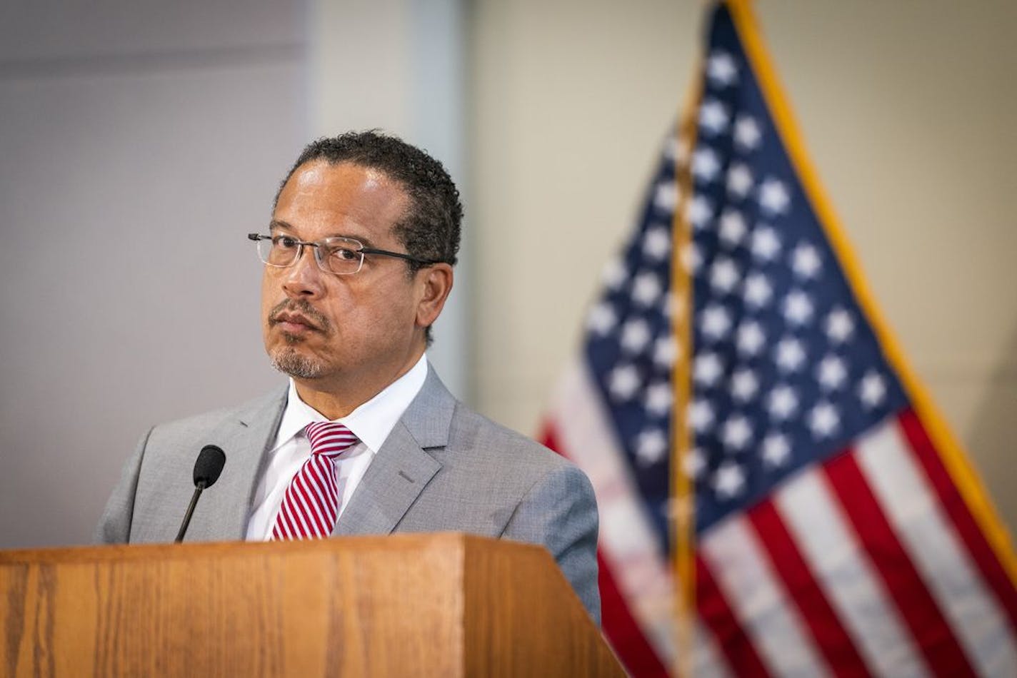 Attorney General Keith Ellison spoke during a press conference at the Minnesota Department of Revenue.