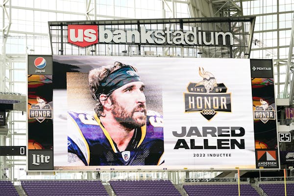 A photo of former Vikings defensive end Jared Allen was shown at at U.S. Bank Stadium in Minneapolis.