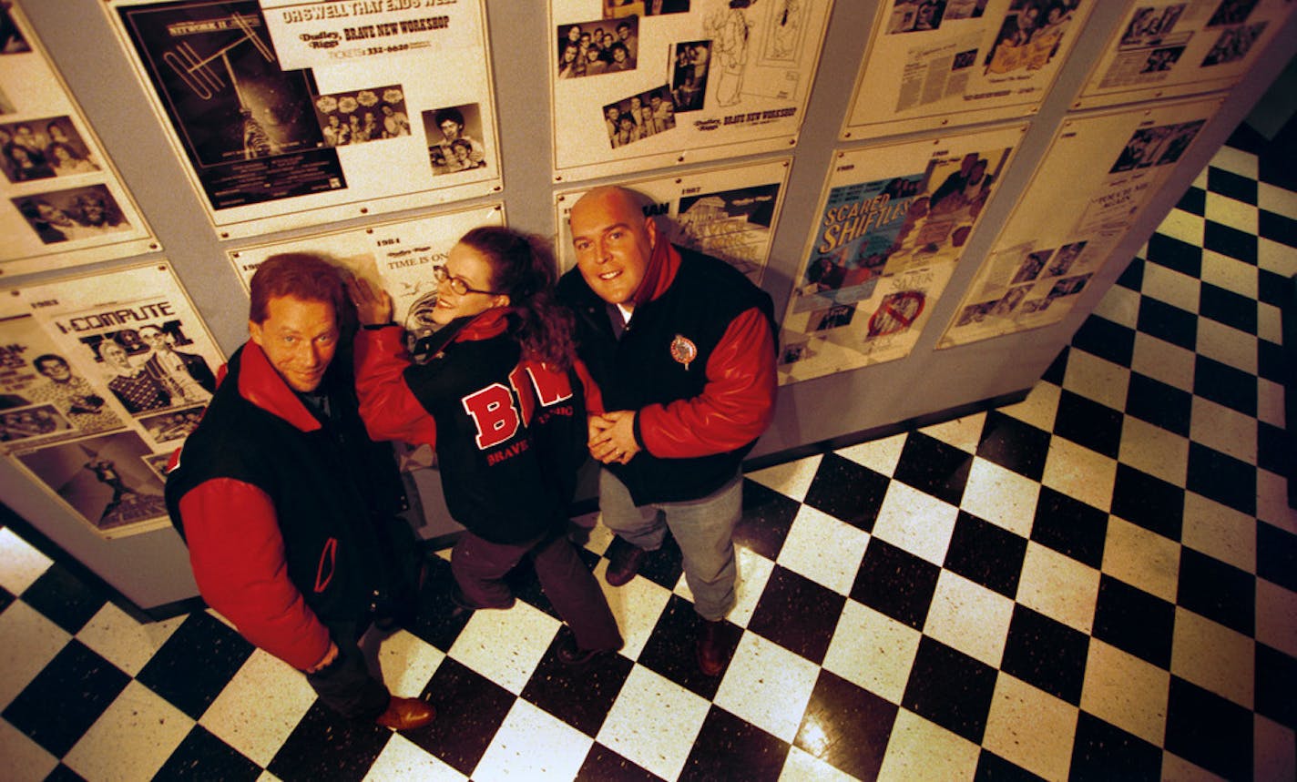 Mark Bergren, Jenni Lilledahl and John Sweeney in the lobby of the Brave New Workshop, which was founded by Dudley Riggs in 1958, at their new location is in Calhoun Square in 1998.