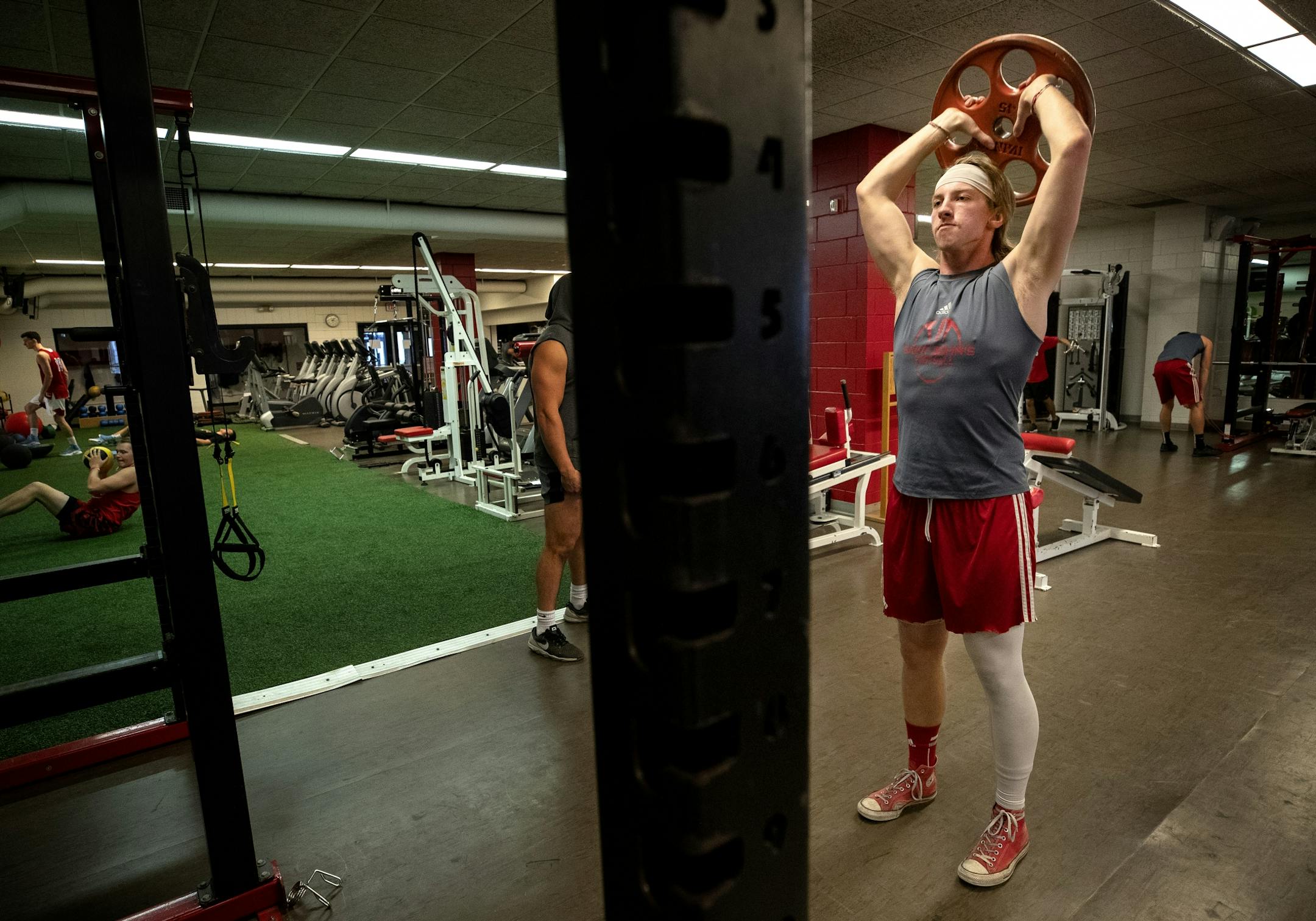 Jackson Erdmann worked out in the weight room before a practice.