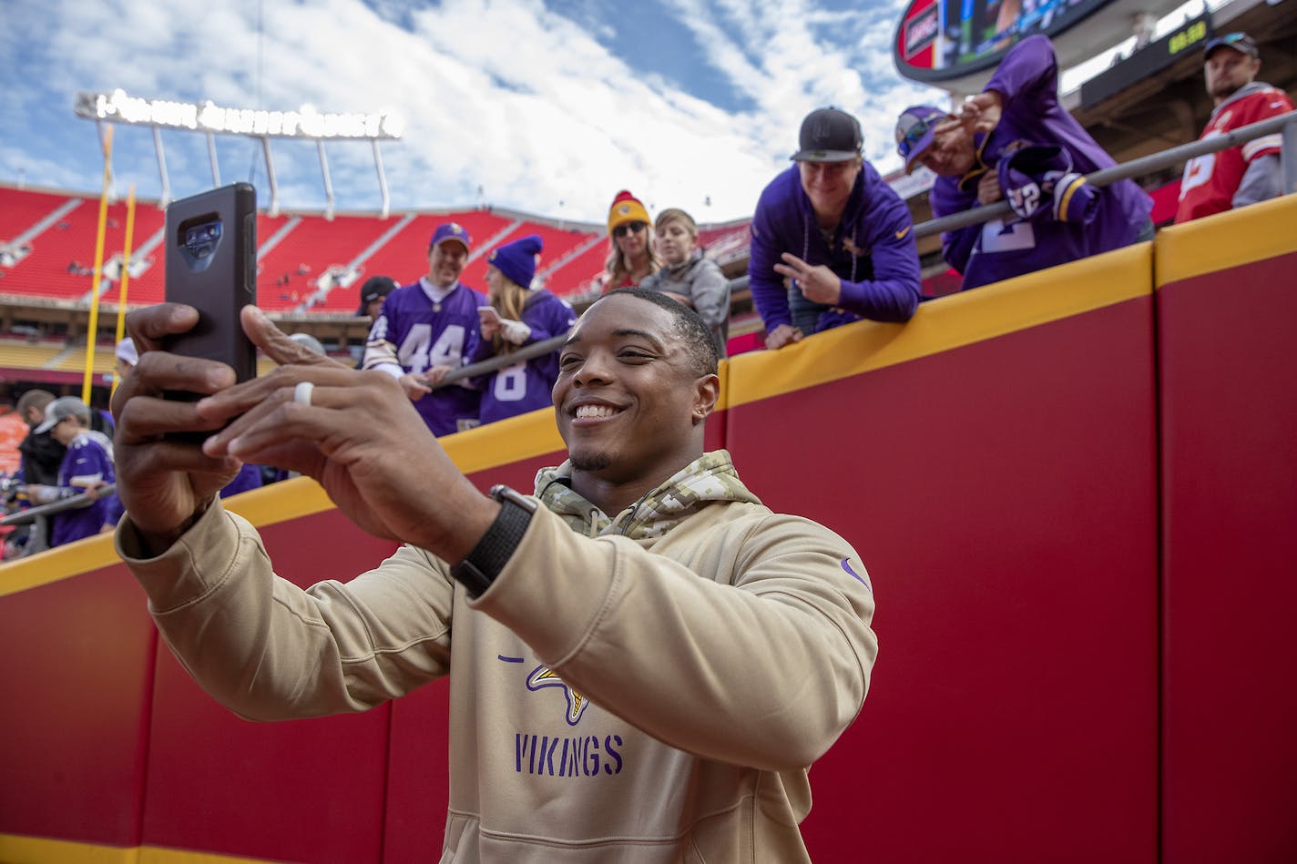 Vikings fullback C.J. Ham took a selfie for fans at Arrowhead Stadium before the game. ] ELIZABETH FLORES &#x2022; liz.flores@startribune.com Vikings at Kansas City Chiefs at Arrowhead Stadium, Sunday, November 3, 2019 in Kansas City, MO.