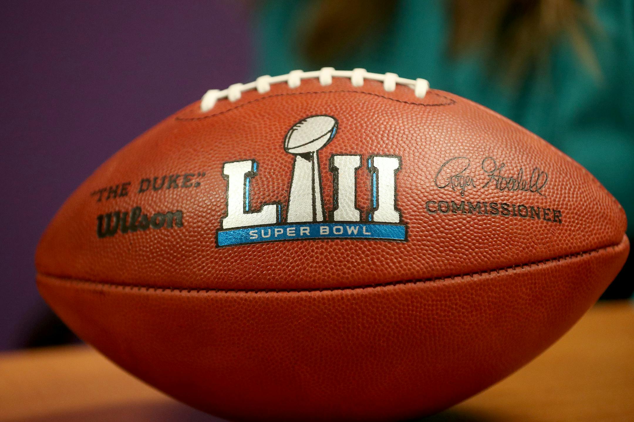 The official Super Bowl football for 2018, seen at the Minnesota Super Bowl Host Committee office Tuesday, March 14, 2017, in downtown Minneapolis, MN.] DAVID JOLES ï david.joles@startribune.com The 2018 Super Bowl kicks off the hunt for 10,000 enthusiastic volunteers on Wednesday, opening an application portal on the website. Volunteer director Elle Kehoe, a native of Mahtomedi, will lead the effort.**Elle Kehoe,cq ORG XMIT: MIN1703141751355584