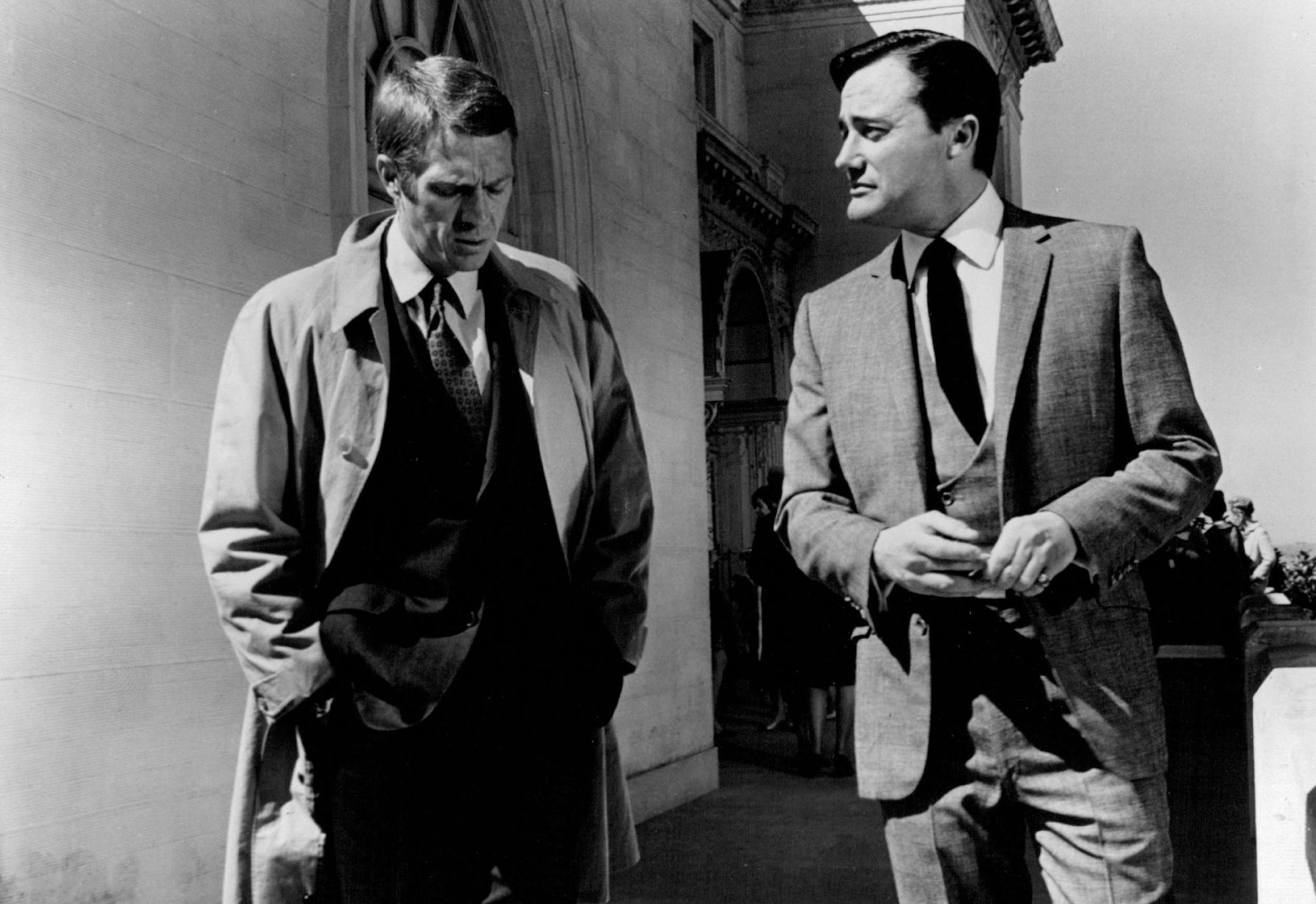 September 29, 1974 Steve ,McQueen, left, in his role as police detective Frank Bullitt, is threatened by a politician played by Robert Vaughn in the CBS movie "Bullitt, " offered at 8 p.m. Thursday. Bullitt has been given the job of protecting a syndicate member who has testified to officials. September 15, 1974 September 6, 1974 CBS; Minneapolis Star Tribune