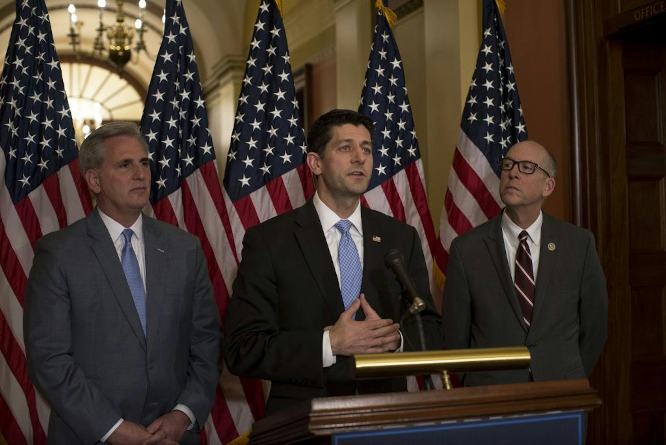 House Speaker Paul Ryan speaks at a news conference regarding the American Health Care Act, on Capitol Hill in Washington, March 7, 2017. The House plan to repeal and replace the Affordable Care Act has already drawn heavy criticism from both conservatives and Democrats. From left: Rep. Kevin McCarthy (R-Calif.), Ryan and Rep. Greg Walden (R-Ore.)