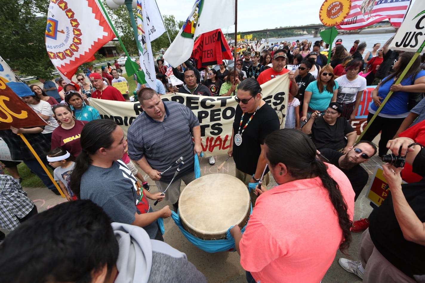 American Indian drummers played just before the march begins, protesting the Sandpiper pipeline, in St. Paul on Saturday, June 6, 2015.