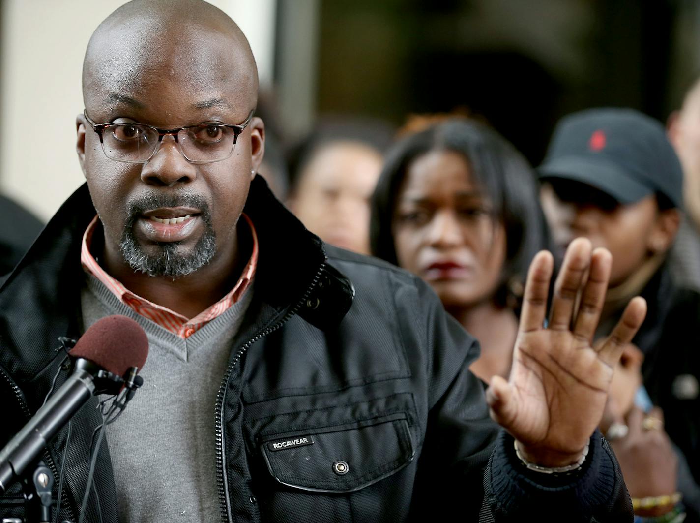 Teto Wilson, the owner of a local barber shop and eyewitness to the shooting of Jamar Clark, shared what he witnessed and how it contradicts with the version of events that Mike Freeman put forward on behalf of the two officers who killed Jamar Clark, during a press conference, Monday, April 4, 2016 at the Hennepin County Government Center in Minneapolis, MN. The Minneapolis NAACP held a press conference, including representatives of the Twin Cities Coalition for Justice for Jamar, Black Lives M