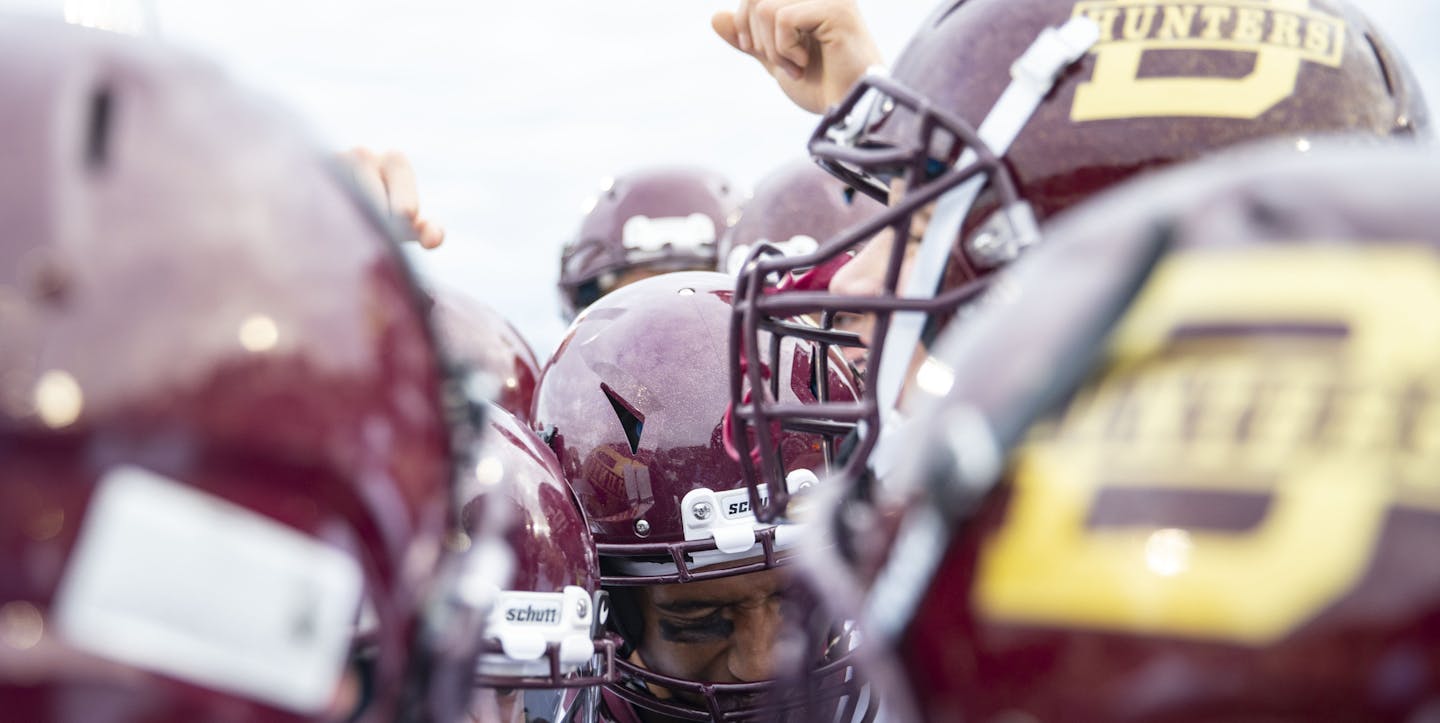 The Denfeld football team got hyped up before the start of the game against Duluth East on Friday.]
ALEX KORMANN &#x2022; alex.kormann@startribune.com Duluth East High School defeated Denfeld Duluth 42-6 on Friday September 27, 2019. Duluth East claimed the city title on their homecoming night.