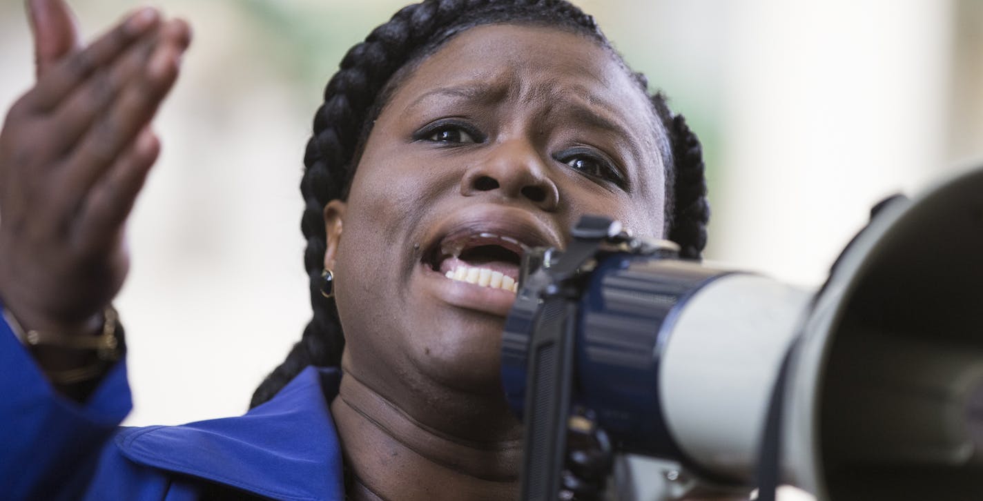 Minneapolis NAACP president Nekima Levy-Pounds speaks during a "Freeman Friday" rally at the Government Center. ] (Leila Navidi/Star Tribune) leila.navidi@startribune.com BACKGROUND INFORMATION: Friday, April 1, 2016. During a "Freeman Friday" protest rally planned by the Twin Cities Coalition for Justice 4 Jamar at the Government Center in downtown Minneapolis.