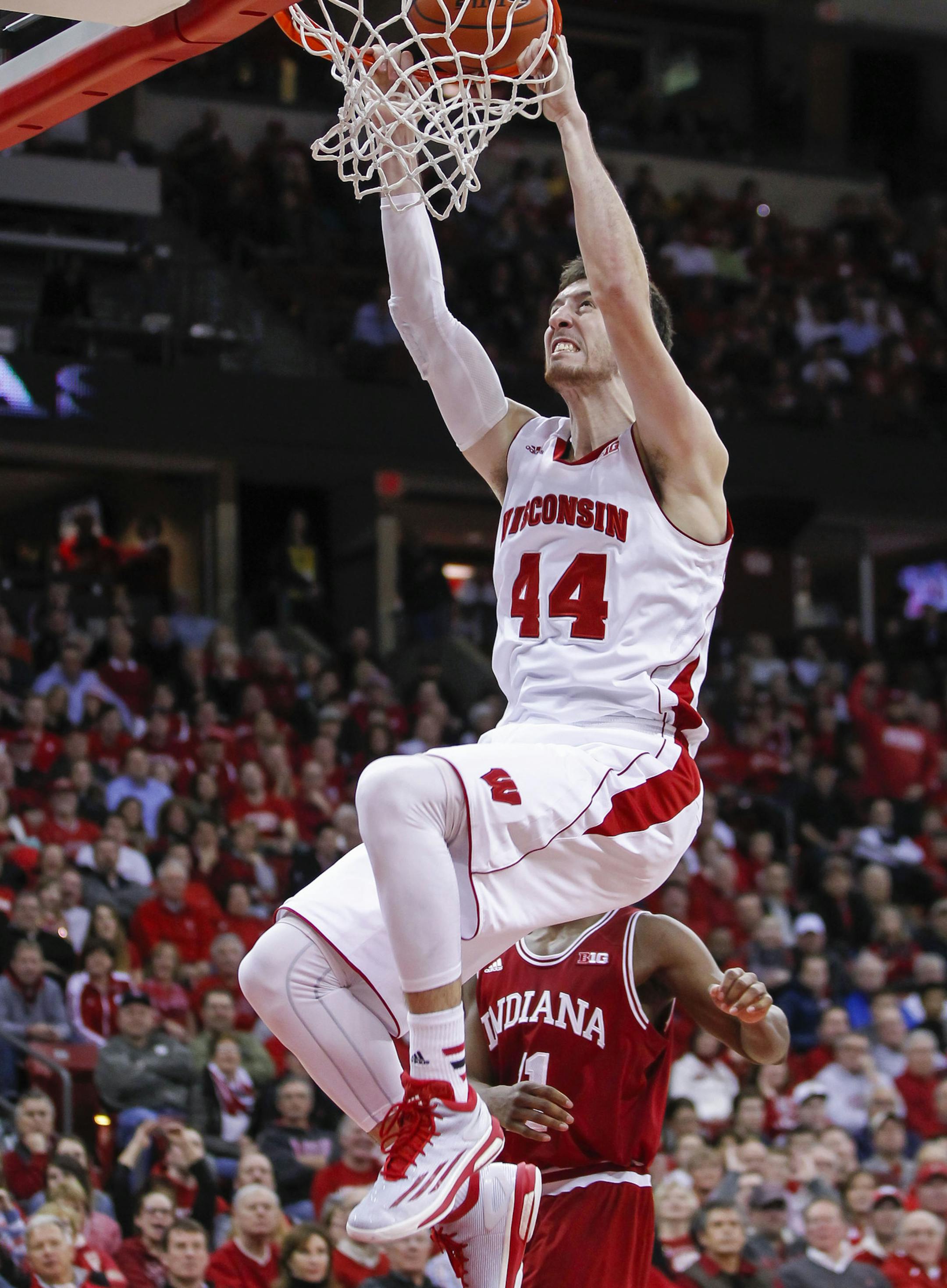 Wisconsin forward Frank Kaminsky during the second half of an NCAA college basketball game against Indiana Tuesday, Feb. 3, 2015, in Madison, Wis. Wisconsin won 92-78. (AP Photo/Andy Manis) ORG XMIT: WIAM1