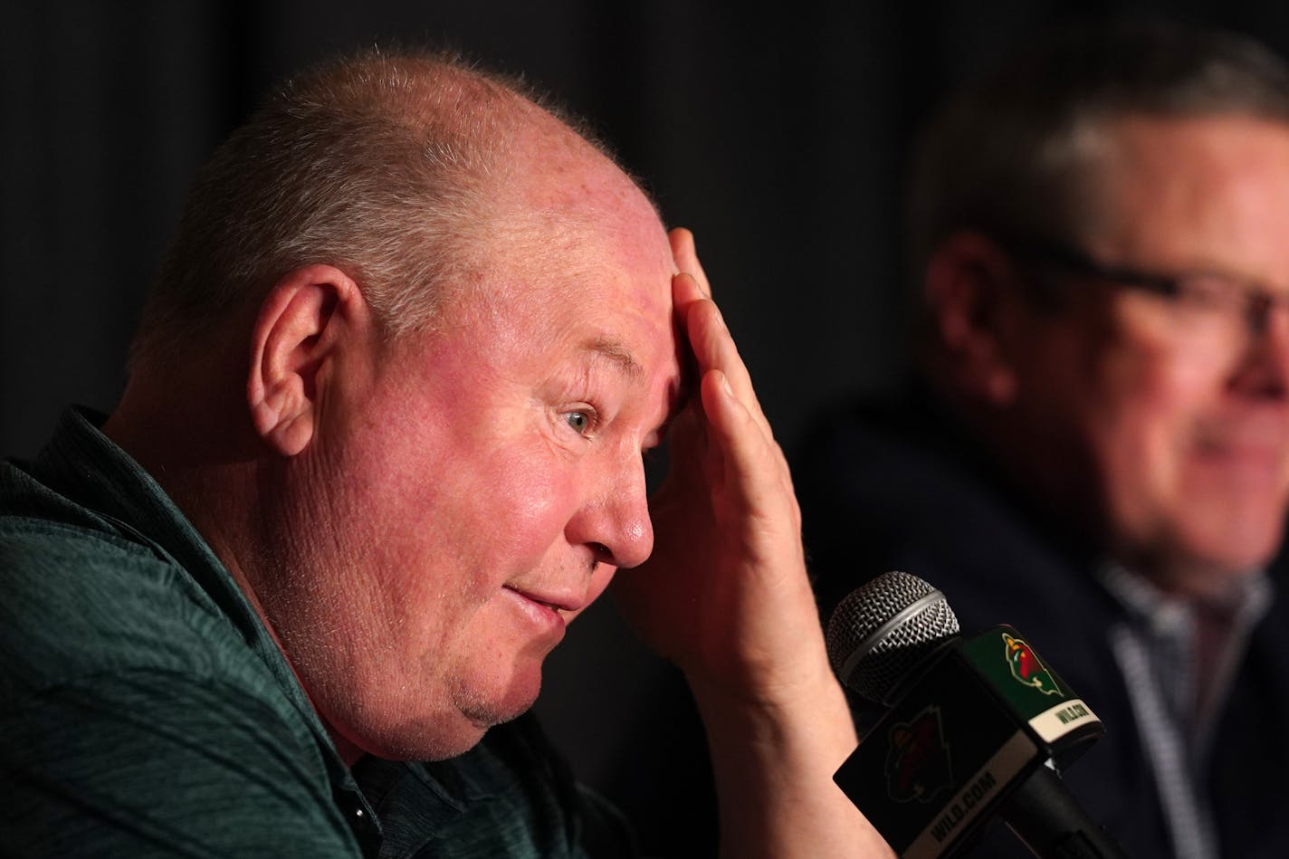 Minnesota Wild head coach Bruce Boudreau and general manager Paul Fenton took questions about the team's season and prospects during a press conference Tuesday. ] ANTHONY SOUFFLE &#x2022; anthony.souffle@startribune.com Minnesota Wild general manager Paul Fenton and head coach Bruce Boudreau gave a press conference as players emptied out the locker room days after the team's season ending loss to the Nashville Predators Tuesday, April 9, 2019 at the Xcel Energy Center in St. Paul, Minn.