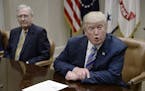FILE -- President Donald Trump spoke as Senate Majority Leader Mitch McConnell, left, looked on during a meeting with House and Senate leadership on J