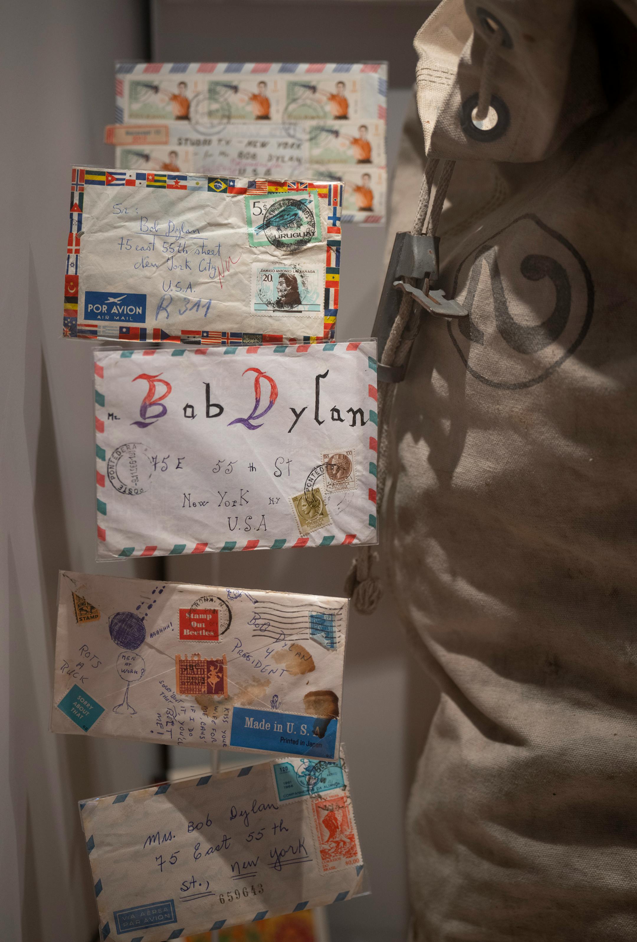 A canvas bag containing mail sent to Bob Dylan over the course of 1966 - none of which reportedly had ever been opened - is now on display as part of an interactive exhibit of material from the vast archive on the second floor of the Bob Dylan Center in Tulsa, Okla. on Monday, May 9, 2022.