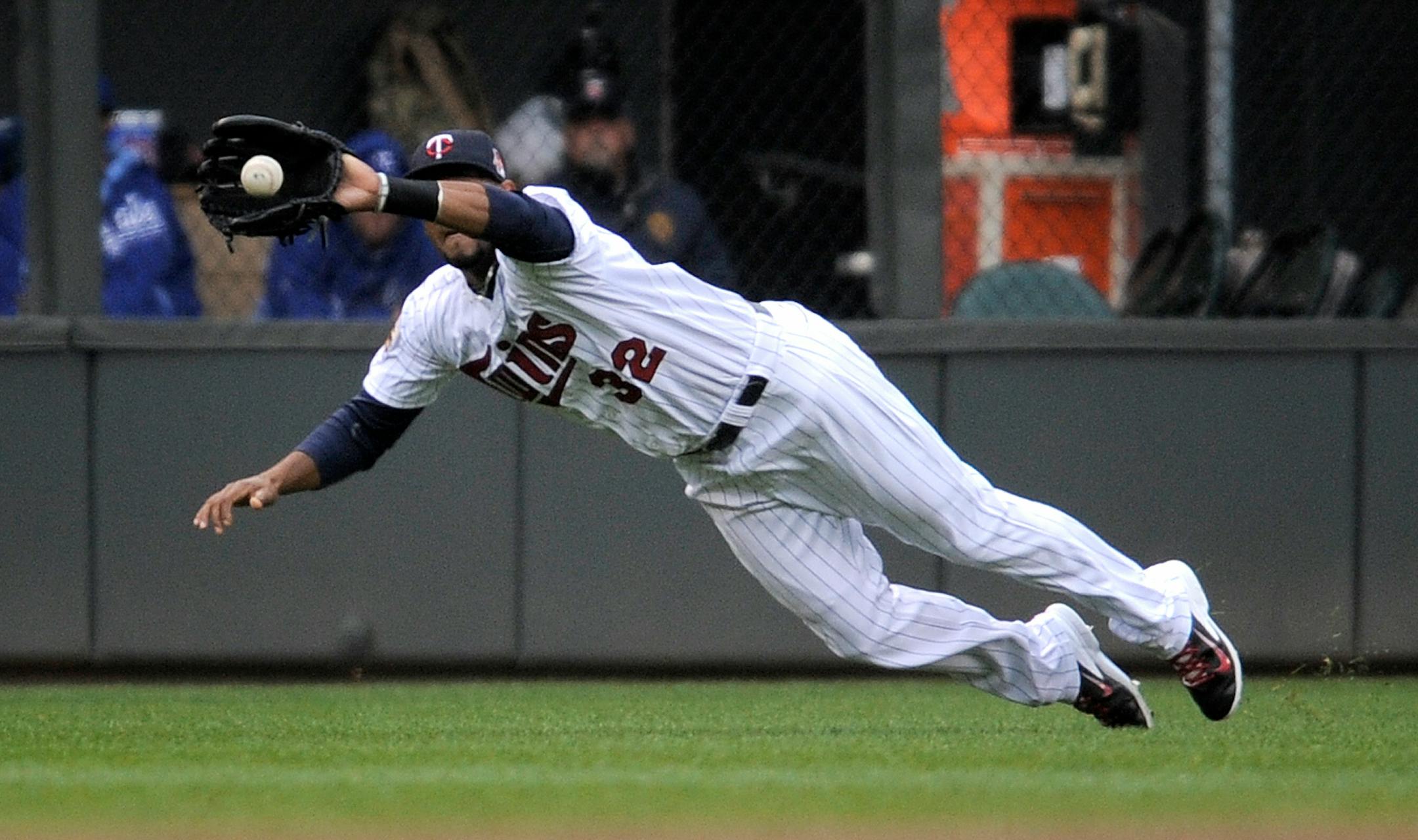 Twins center fielder Aaron Hicks caught this drive by Kansas City's Eric Hosmer.
