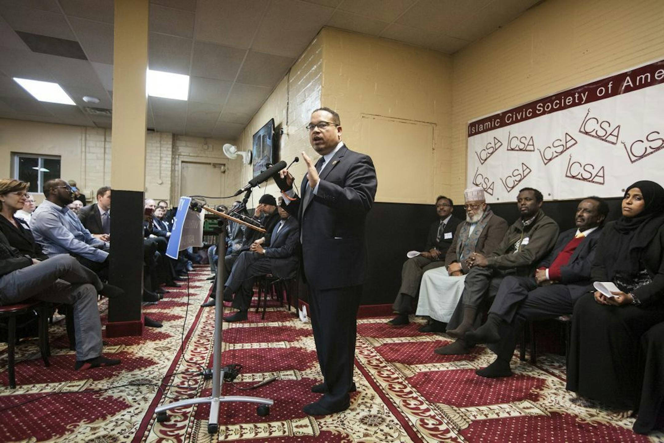 Keith Ellison (D-Minn.) calls for unity at a community meeting at the Islamic Civic Society of America Headquarters in Minneapolis December 14, 2015. The event gathered clergy from all faiths, law enforcement, and elected officials for the purpose of addressing the problem of Islamophobia and also supporting Muslims.