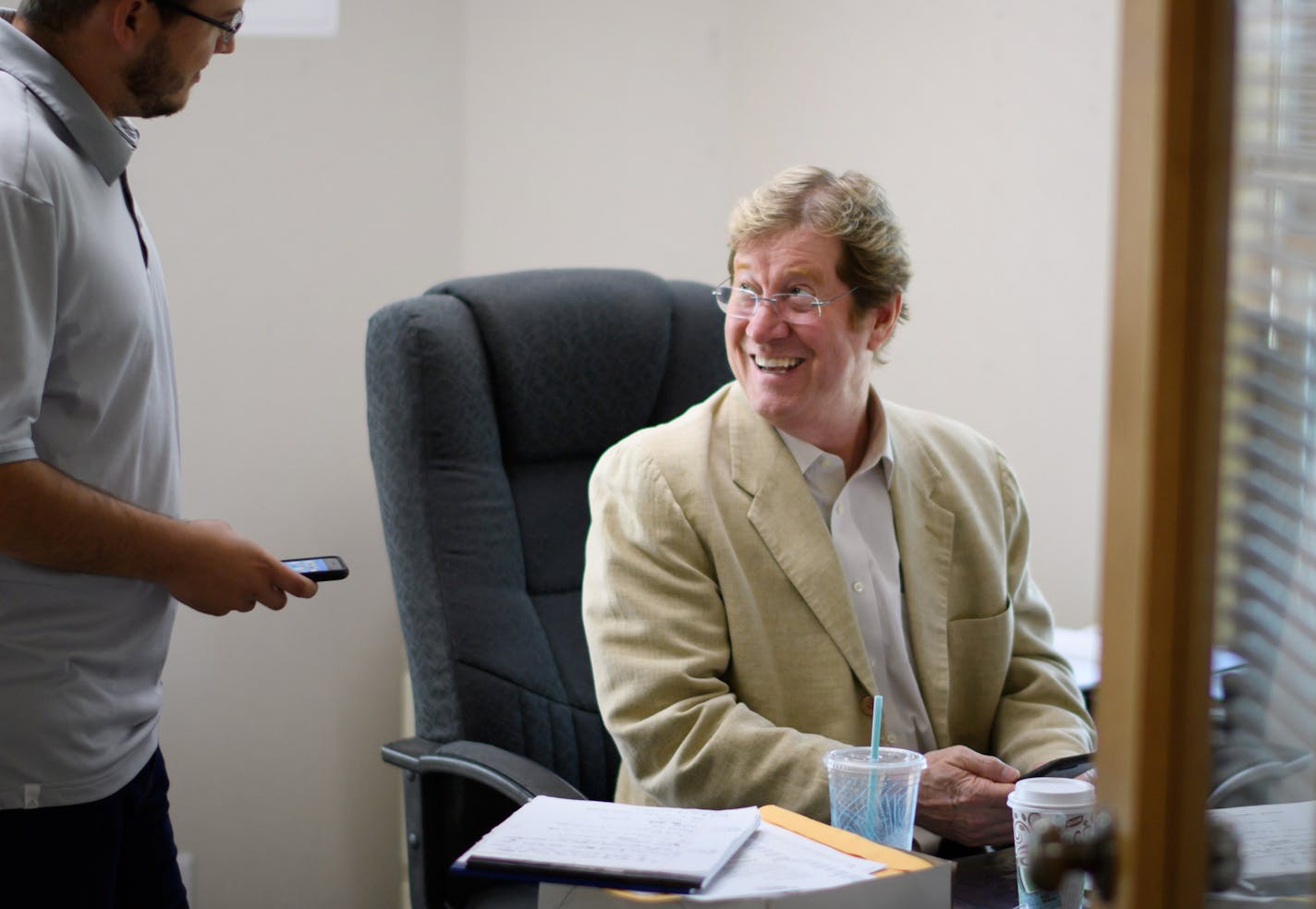 Jason Lewis with campaign manager Jack Dwyer in his Burnsville campaign headquarters. ] GLEN STUBBE * gstubbe@startribune.com Friday, July 22, 2016 Profile of the 2nd Congressional district where the Republican winner of the August 9 primary will face Democrat Angie Craig in November. Republican frontrunners are Jason Lewis and Darlene Miller.