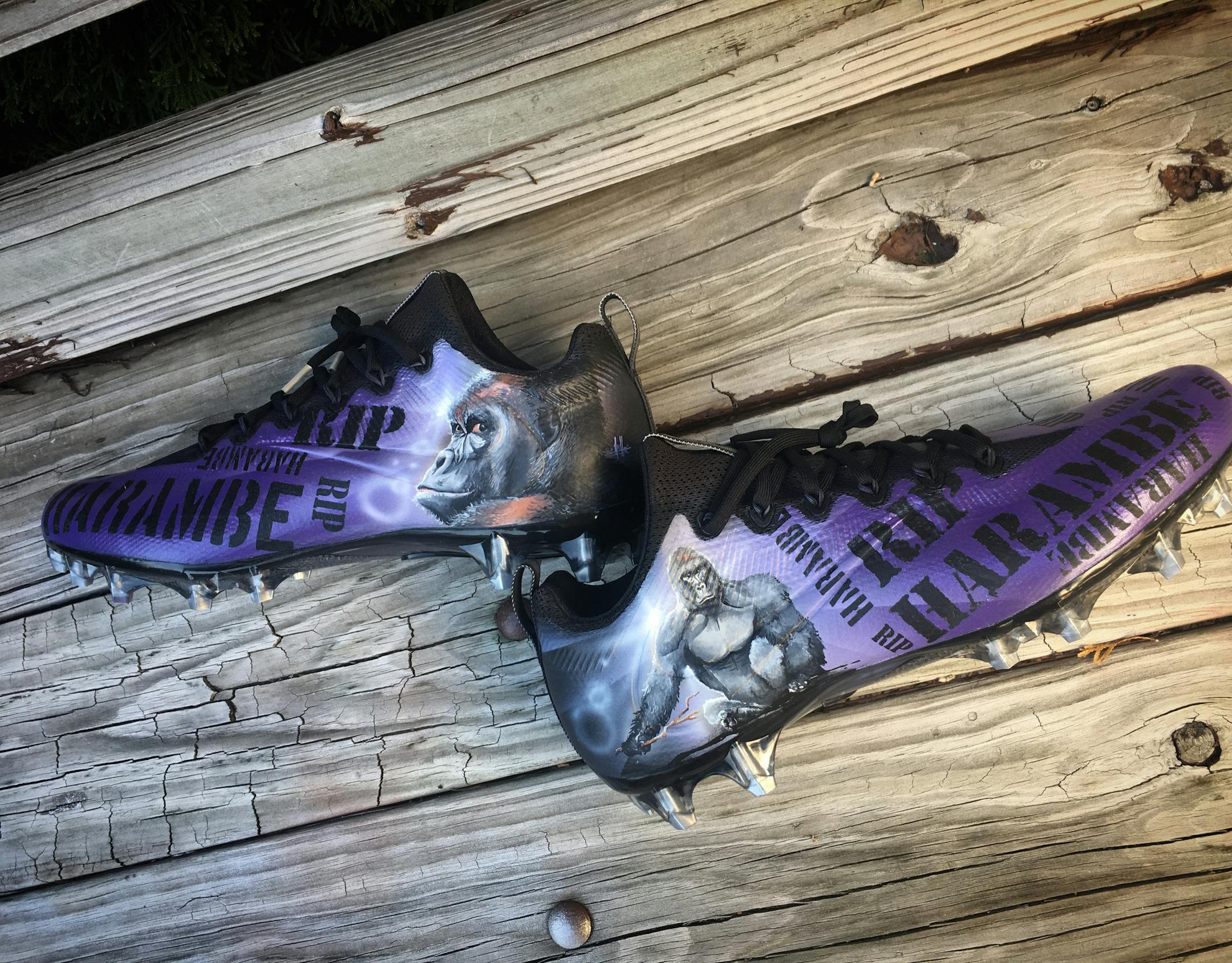 Dan Gamache, owner of Mache Custom Kicks, has designed several custom-made cleats for Vikings players and other athletes.
Xavier Rhodes&#xed; custom cleats featured his motto &#xf1; Rhodes closed.
Jerick McKinnon&#xed;s Harambe cleats, inspired by the gorilla killed at the Cincinnati Zoo, went viral. McKinnon also had a pair of cleats made to bring attention to breast cancer awareness.
Jarius Wright showcased his football loves &#xf1; Arkansas and the Twin Cities &#xf1; in one pair of fancy clea