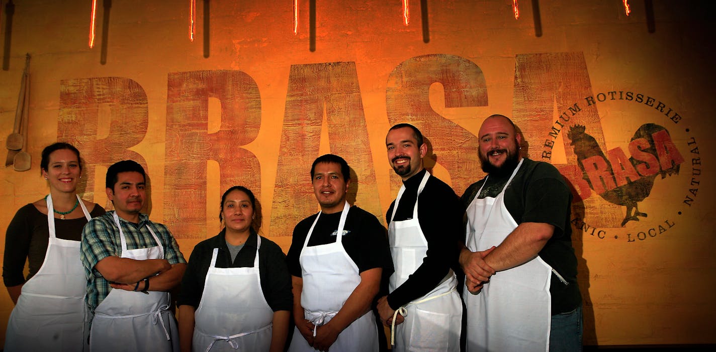 Brasa staff: Left to right, Hannah Drehmann, server; Juan Sosa, manager; Julia Once, prep cook; Ricardo Saltos, chef; Axex Roberts, owner and Scott Flewelling, manager.