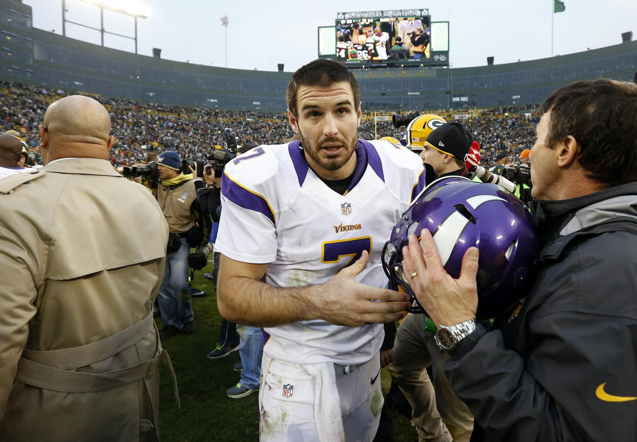 Minnesota Vikings quarterback Christian Ponder (7) after a loss at Lambeau Field.