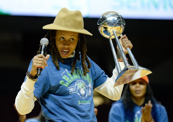 Lynx guard Seimone Augustus danced with a WNBA championship trophy in 2017 before she spoke to fans at at a victory rally at Williams Arena. On Sunday