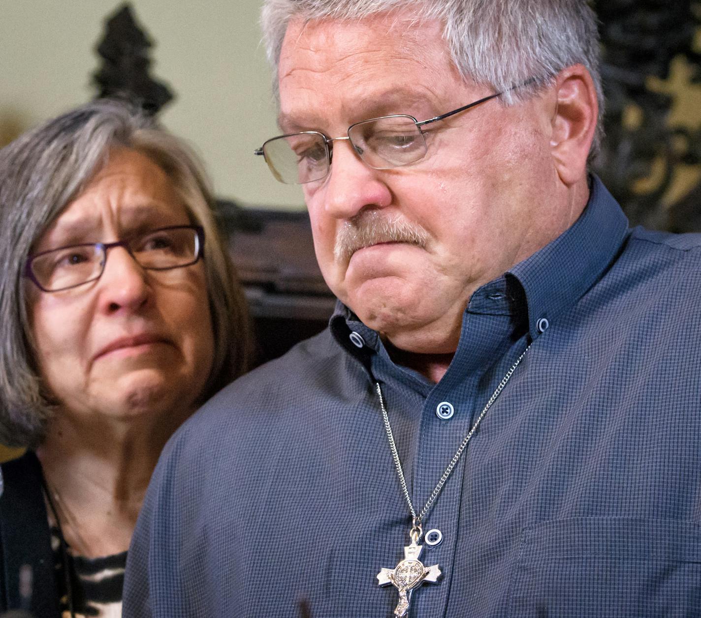 Patty Vasek looked on as her husband Ron Vasek told the story of how he was abused by Msgr. Roger Grundhaus at 16 and how 46 years later, as Ron studied to become a deacon, Bishop Hoeppner threatened to prevent him from becoming a deacon and threatened Ron's son's future as a priest in the Diocese of Crookston. The suit against the Diocese was brought by attorney Jeff Anderson, left. ] GLEN STUBBE &#x2022; glen.stubbe@startribune.com Tuesday May 9, 2017