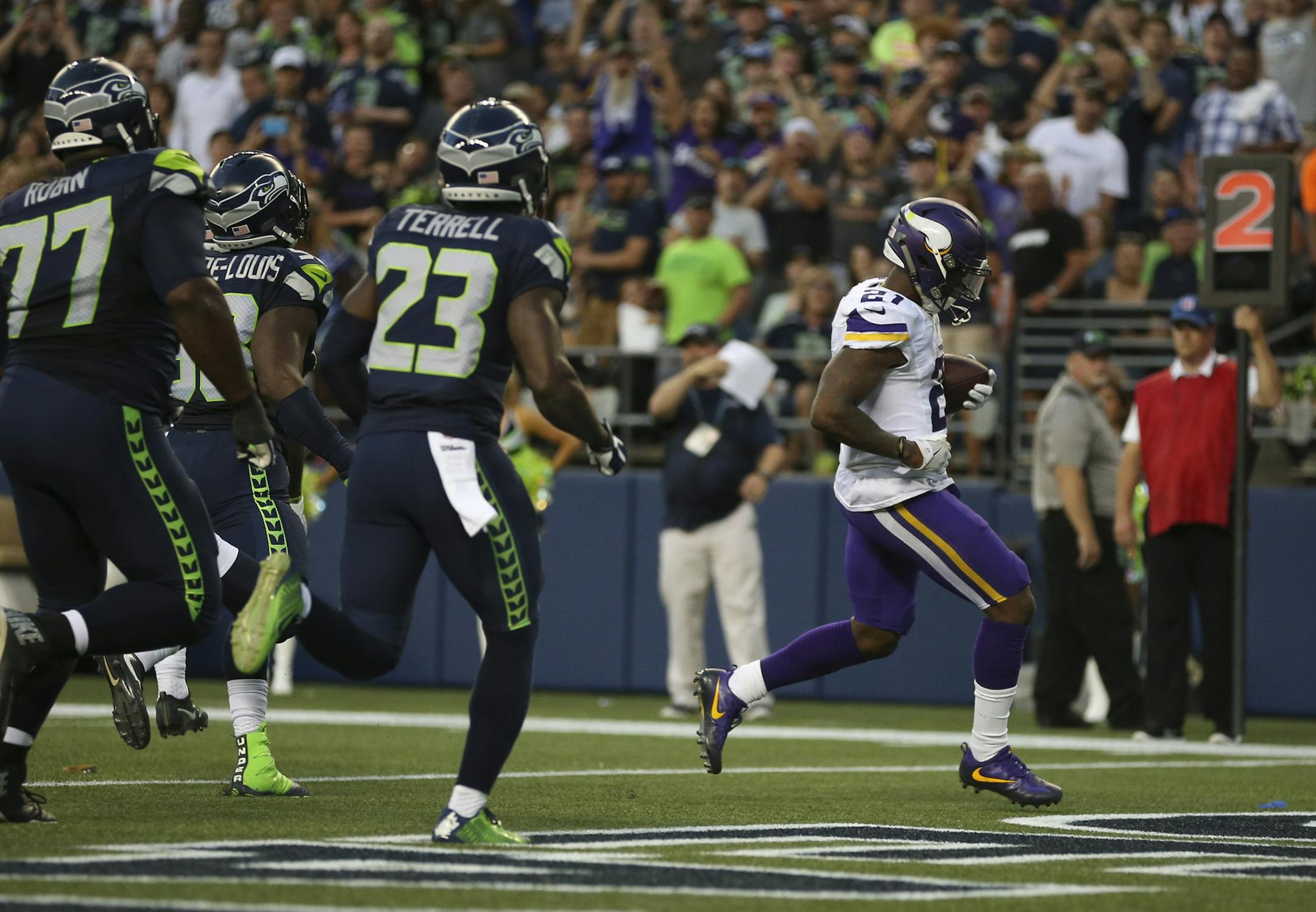 Jerick McKinnon scored a touchdown against Seattle in a preseason game last season.