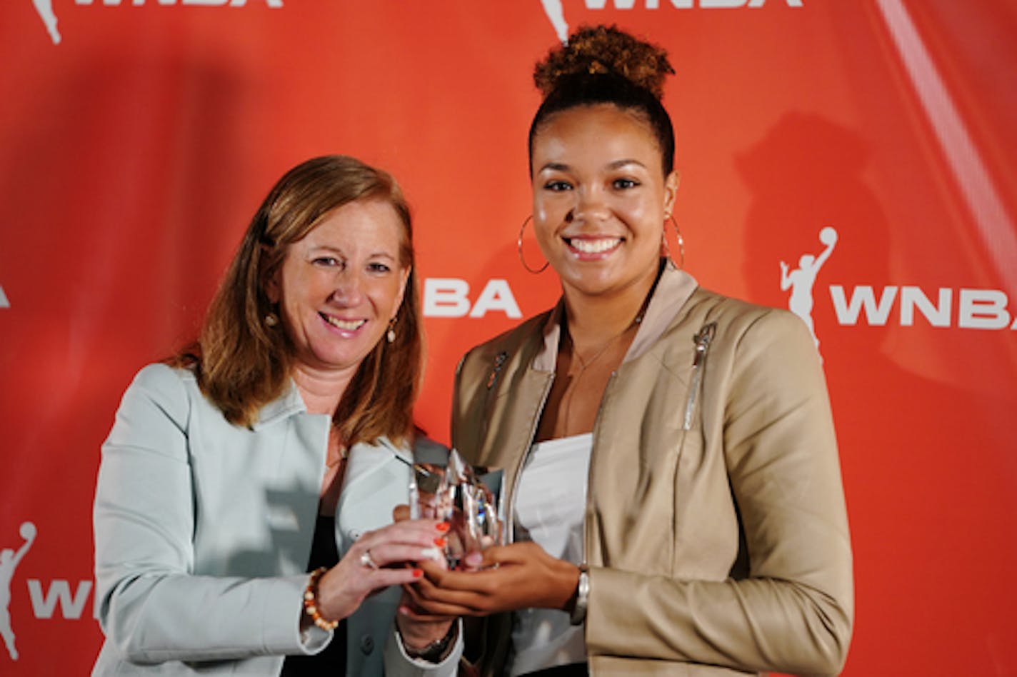 Napheesa Collier of the Lynx who was named WNBA Rookie of the Year posed for a photo with WNBA Commissioner Cathy Engelbert.]  News conference announcing Napheesa Collier of the Lynx as WNBA Rookie of the Year.RICHARD TSONG-TAATARII ¥ richard.tsong-taatarii@startribune.com