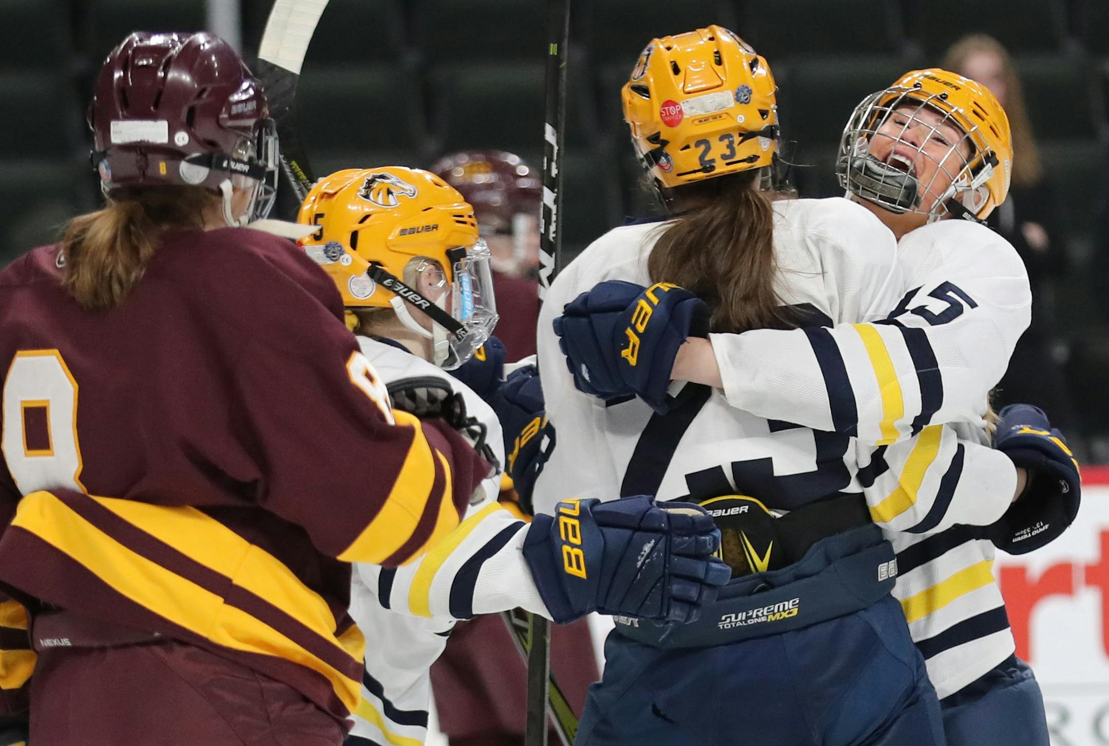 Breck celebrated after Katherine Solohub scored an even strength goal in the first period. ] Shari L. Gross ¥ shari.gross@startribune.com Breck led Fergus Falls 1-0 after one period in a Class 1A semifinal game of the MSHSL hockey tournament on Wednesday, Feb. 20, 2019 at the Xcel Energy Center in St. Paul, Minn.