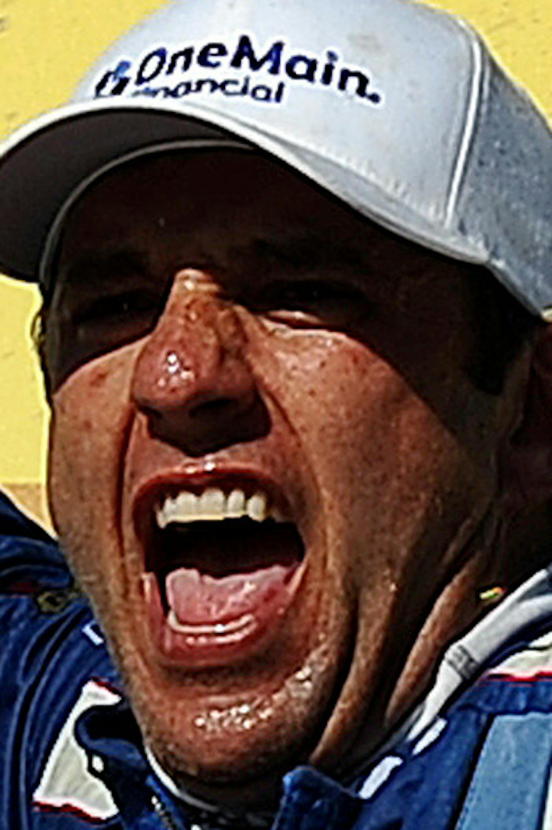Elliott Sadler celebrates winning the NASCAR Aaron's 312 Nationwide series auto race at Talladega Superspeedway, Saturday, May 3, 2014, in Talladega, Ala. (AP Photo/Rainier Ehrhardt)
