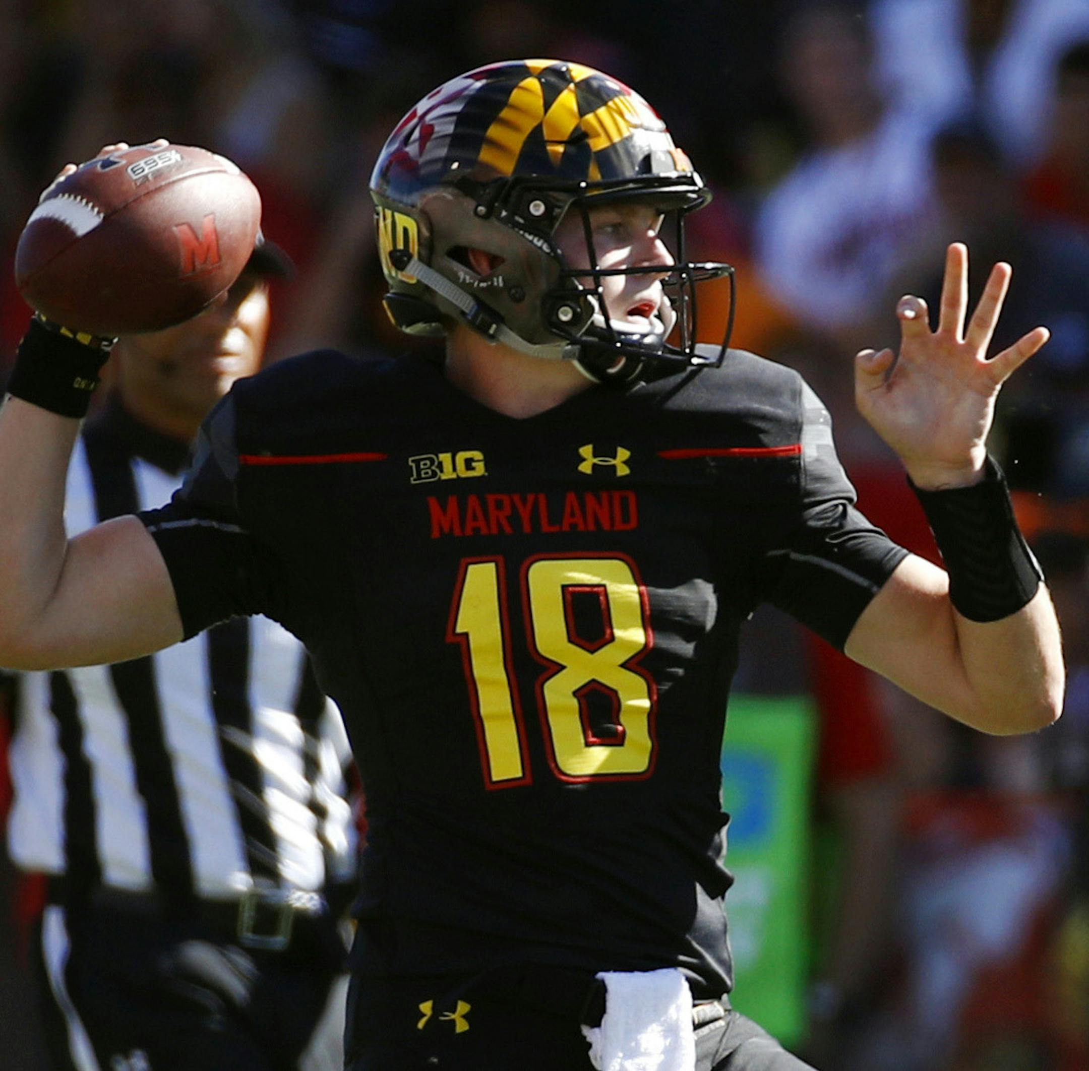 FILE - In this Saturday, Sept. 23, 2017, file photo, Maryland quarterback Max Bortenschlager (18) throws to a receiver during the first half of an NCAA college football game against Central Florida in College Park, Md. Maryland had lost starting quarterback Kasim Hill with a torn ACL in his right knee. (AP Photo/Patrick Semansky, File) ORG XMIT: NY152