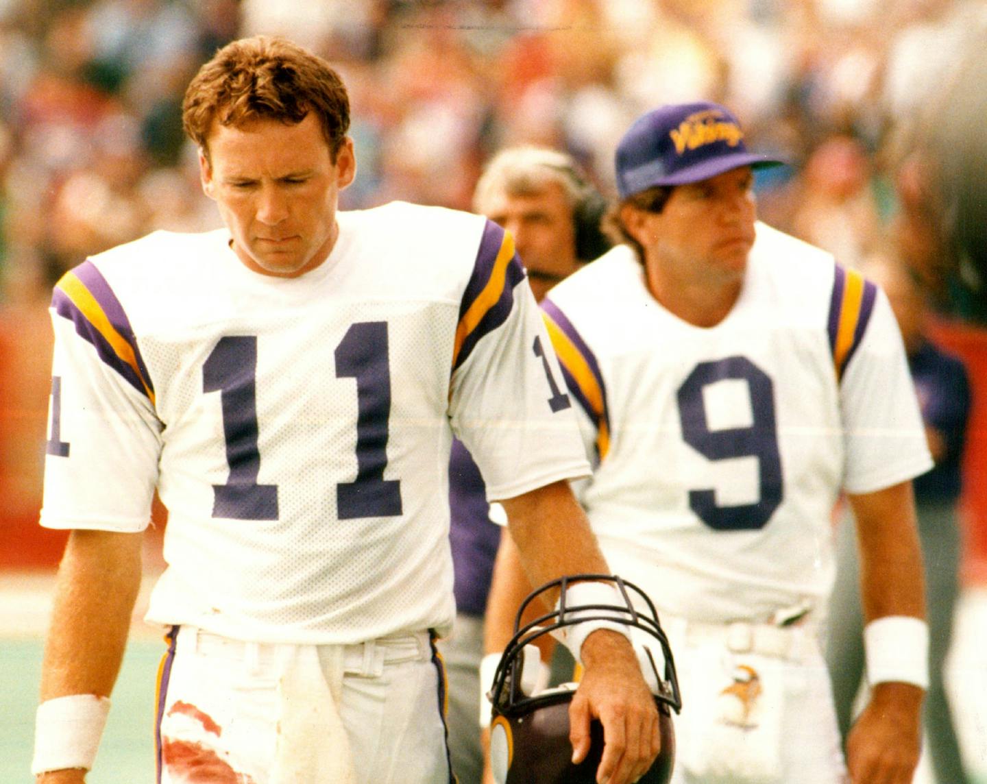 Wade Wilson (11) and Tommy Kramer left the field following the Vikings' season-opening loss in Buffalo in 1988.