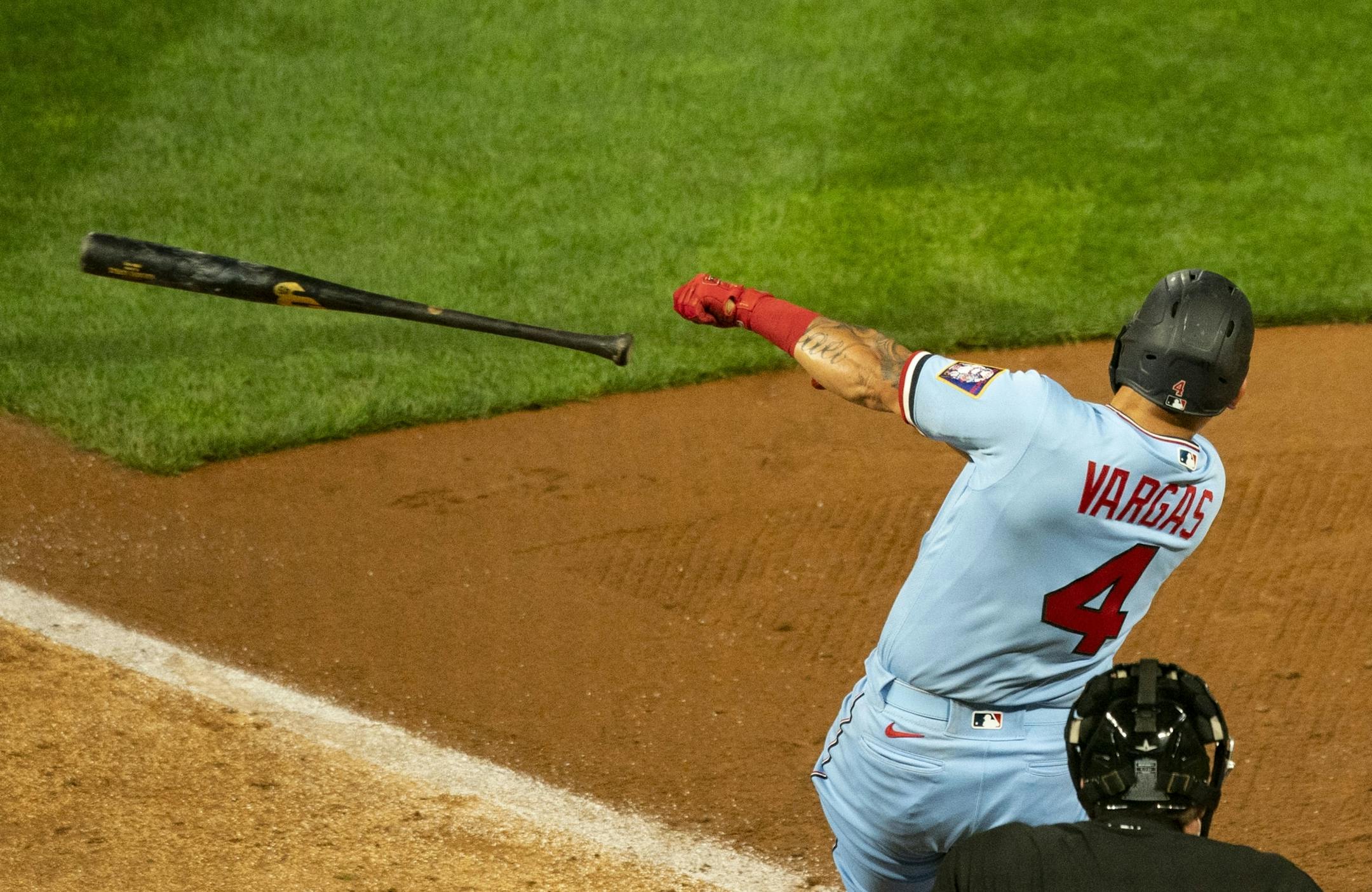 Minnesota Twins second baseman Ildemaro Vargas (4) lost his grip on his bat on his follow through during Wednesday night's game.