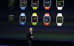 Apple CEO Tim Cook talks about the new Apple Watch during an Apple event on Monday, March 9, 2015, in San Francisco. (AP Photo/Eric Risberg)