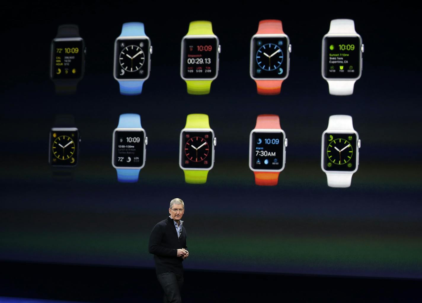 Apple CEO Tim Cook talks about the new Apple Watch during an Apple event on Monday, March 9, 2015, in San Francisco. (AP Photo/Eric Risberg)