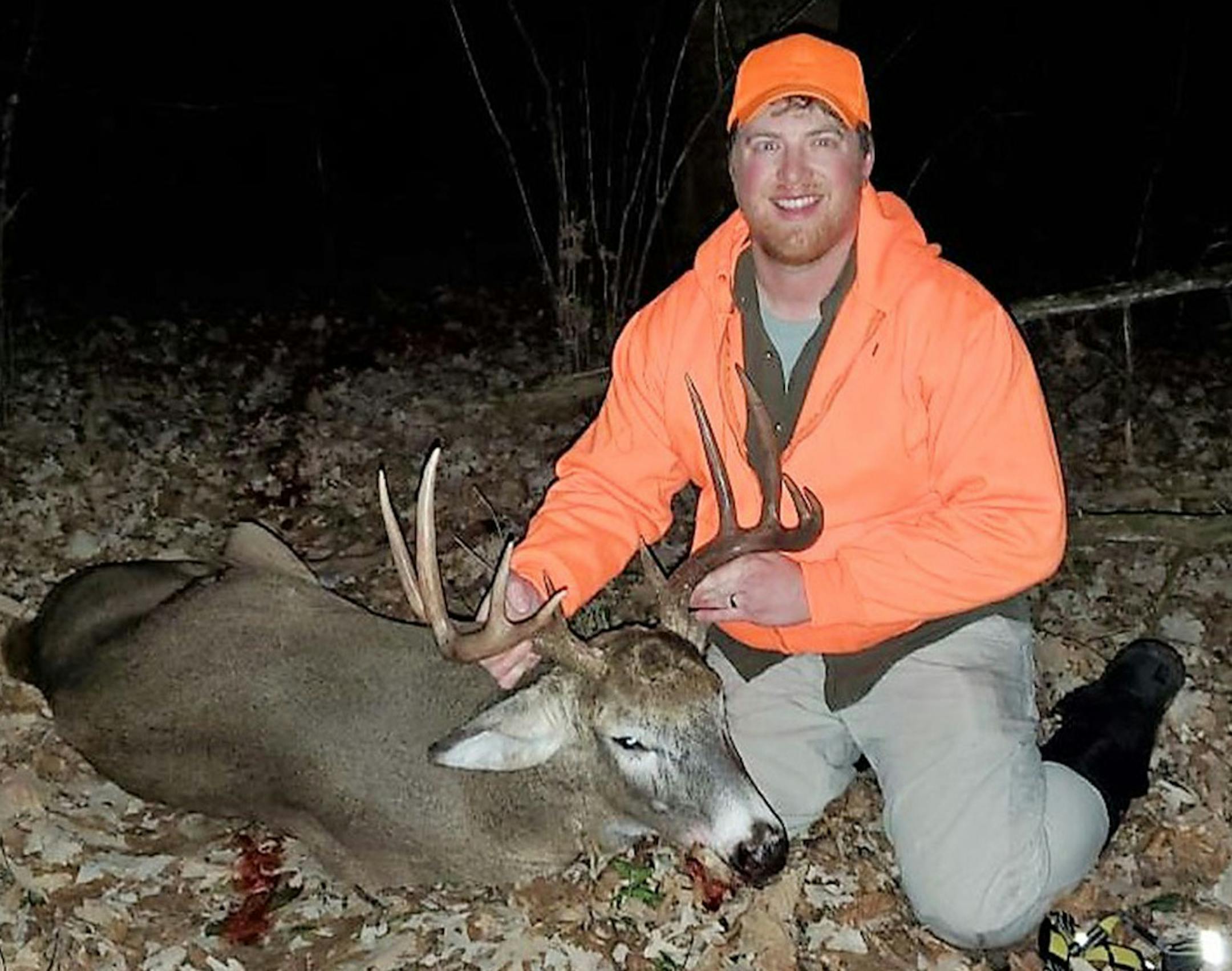 Neil Smith, 35, lives in Elko, Nev., now, but grew up in Renville, Minn., and still returns there to the nearby Minnesota River Valley to hunt deer with his dad and other relatives. On the second weekend of this year's season , he was perched in a lawn chairamong bottomland cedars when he shot this dandy 10-pointer — but not before his copper slug, only slightly off course, blew clean through a sapling en route to its target. The buck, estimated at 185 pounds, field-dressed, toppled after