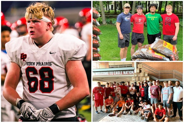 Left: Andy Kaiser was an all-district first-teamer last season as an offensive tackle. Top right: Eden Prairie seniors-to-be (from left) Will Schreibe