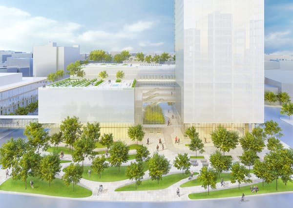 This rendering of Nicollet Gateway Plaza features landscape architecture design by David Motzenbecker of Cuningham Group.