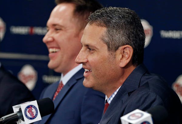 Twins Chief Baseball Officer Derek Falvey, left, and General Manager Thad Levine.