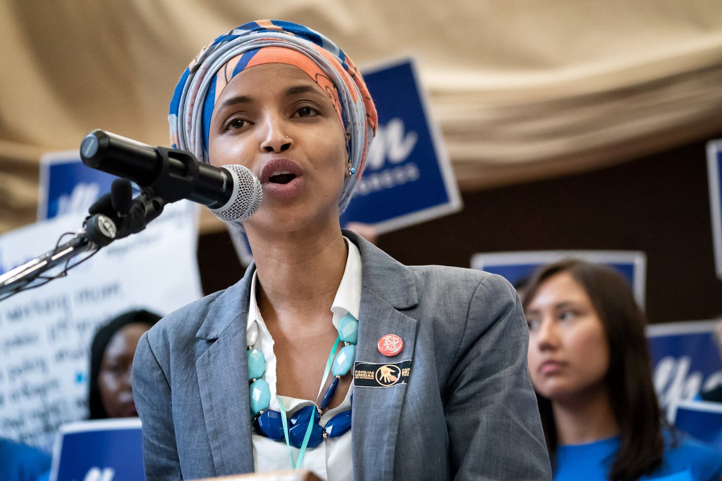 Rep. Ilhan Omar, seen a district DFL convention on June 17, said Monday that she would return $2,500 in speaking fees from two Minnesota community colleges.