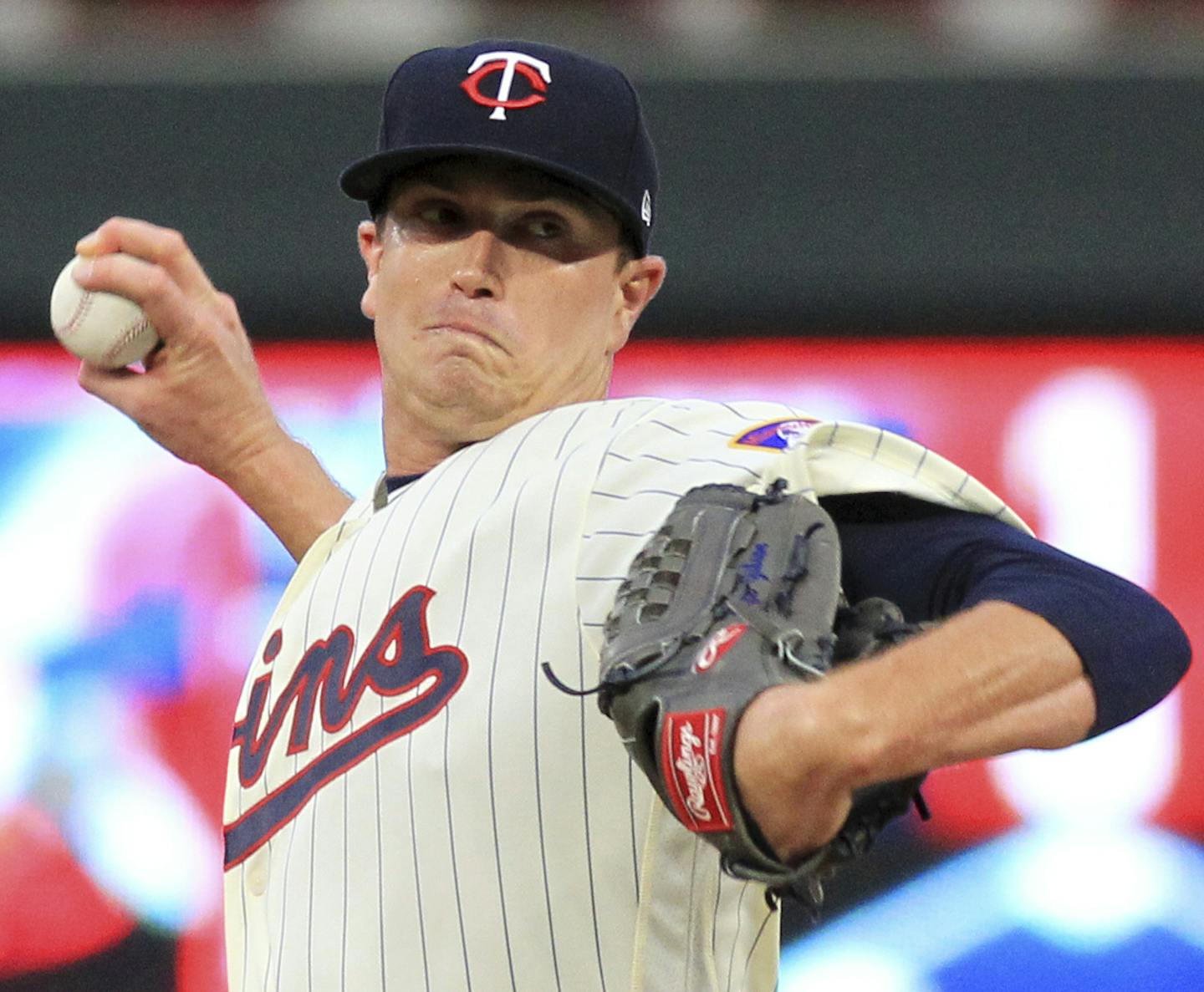 Minnesota Twins pitcher Kyle Gibson throws to the Texas Rangers in the first inning during a baseball game on Saturday, Aug. 5, 2017 in Minneapolis. (AP Photo/Andy Clayton-King)