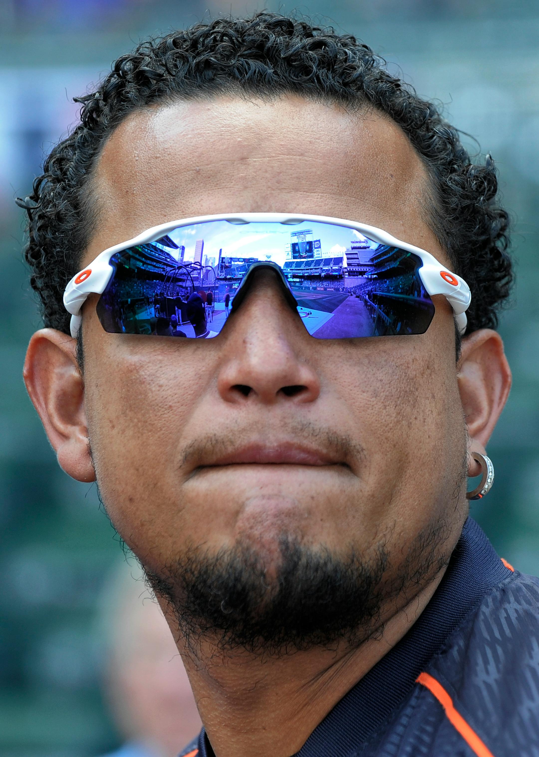 Detroit Tigers' Miguel Cabrera looks out at Target Field during batting practice prior to a baseball game against the Minnesota Twins, Saturday, July 22, 2017, in Minneapolis. (AP Photo/Tom Olmscheid)