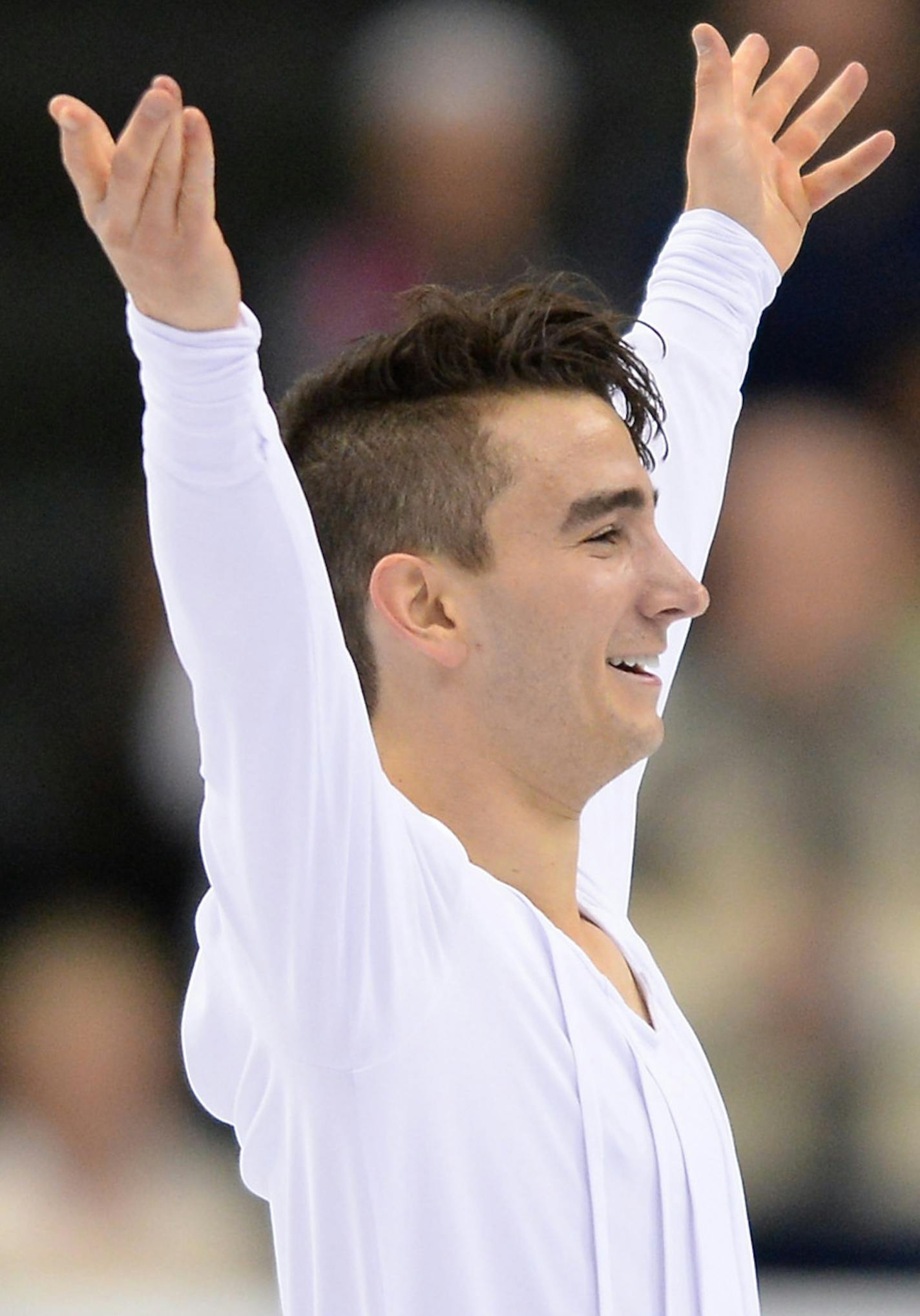 Max Aaron acknowledged fans after completing his performance in the Championship Men's Short Program of the 2016 Prudential U.S. Figure Skating Championships . He placed first with a score of 91.83. ] (AARON LAVINSKY/STAR TRIBUNE) aaron.lavinsky@startribune.com The Championship Men's Short Program of the 2016 Prudential U.S. Figure Skating Championships was held at Xcel Energy Center on Friday, Jan. 22, 2016 in St. Paul, Minn.