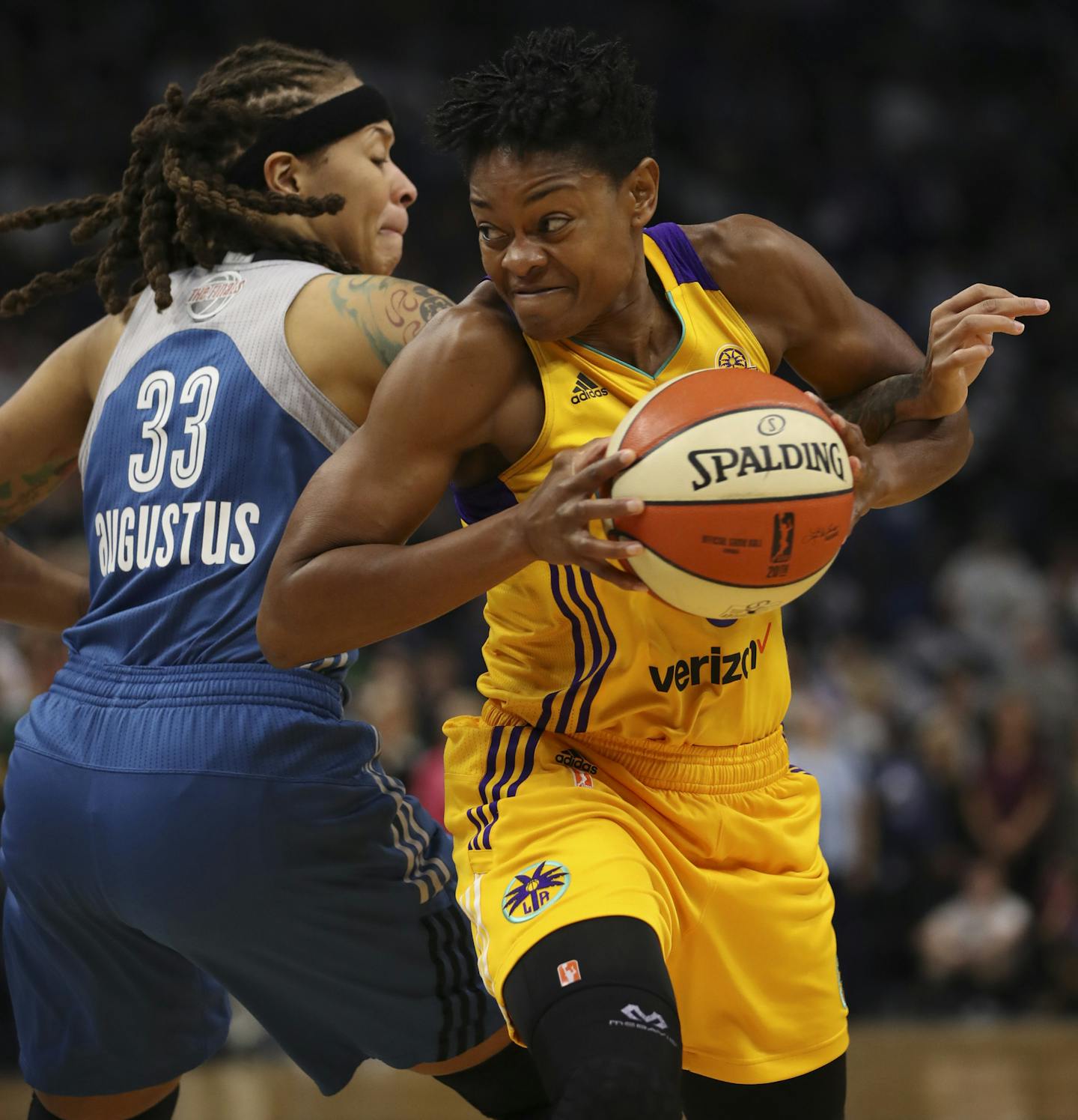 Minnesota Lynx guard Seimone Augustus (33) fouled Los Angeles Sparks guard Alana Beard (0) in the first quarter. ] JEFF WHEELER &#xef; jeff.wheeler@startribune.com The Minnesota Lynx faced the Los Angeles Sparks in Game 2 of their WNBA Championship series Tuesday night, October 11, 2016 at Target Center in Minneapolis.