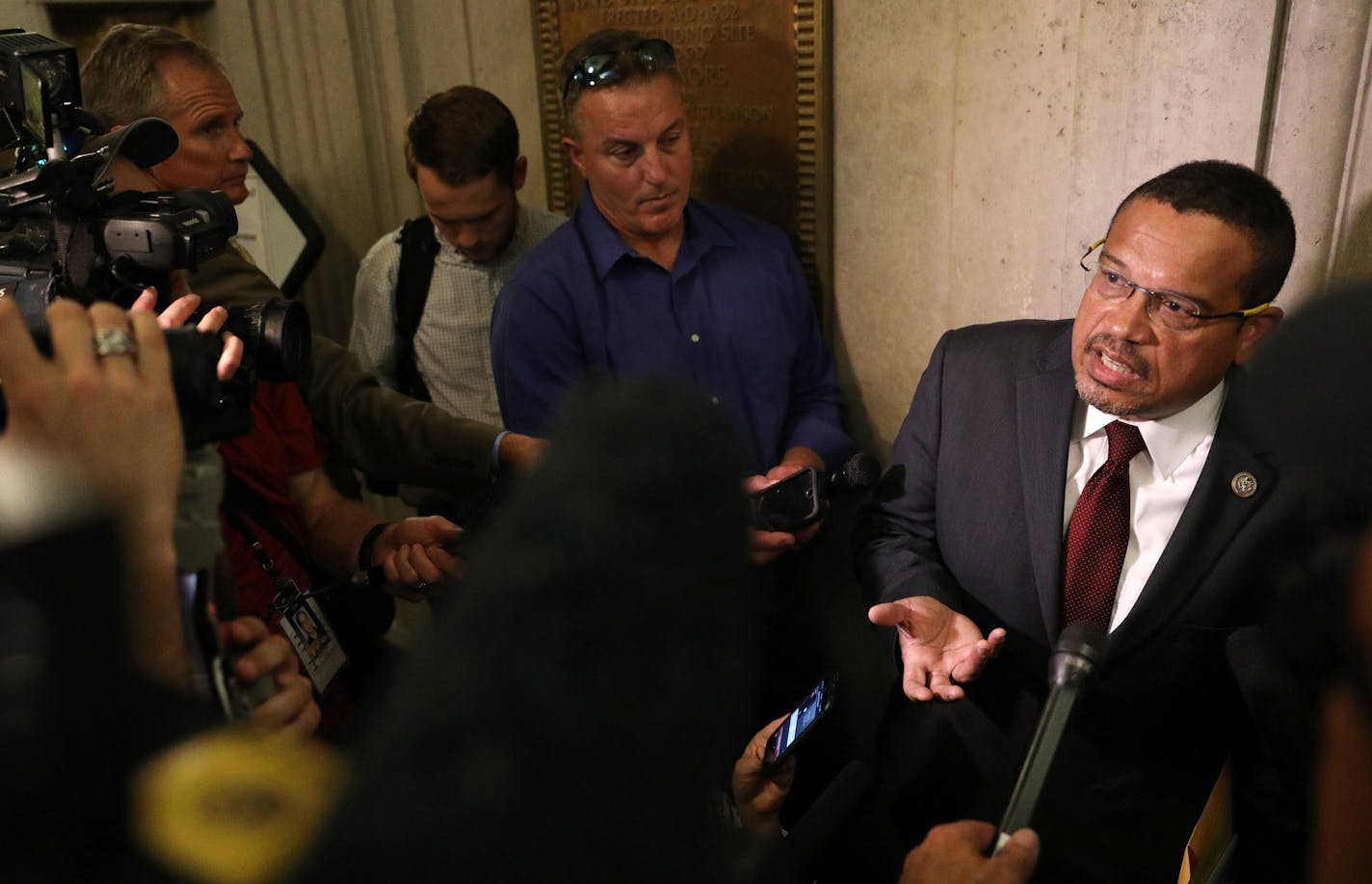 Democratic U.S. Rep. Keith Ellison spoke to journalists after filing to run for Minnesota attorney general. ] ANTHONY SOUFFLE &#xef; anthony.souffle@startribune.com Candidates rushed to add their names to the races before the 5 p.m. Tuesday, June 5, 2018 deadline for filing to Minnesota's August primary ballot at the Minnesota Secretary of State's Office in St. Paul, Minn. With Lori Swanson out of AG and into governor's race, there could yet be more big last entries to some of the top races.