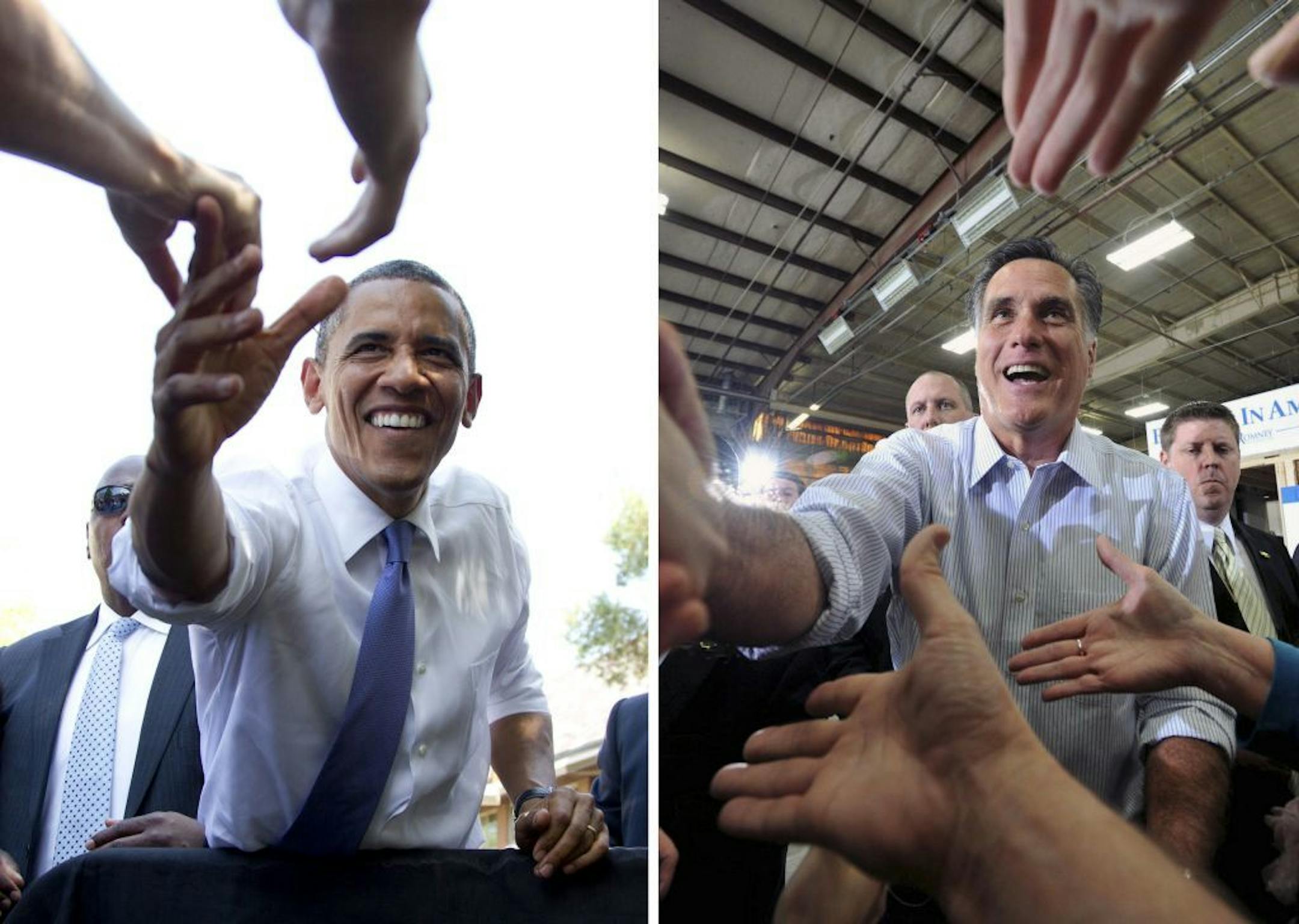 In this photo combination, President Barack Obama, left, and Mitt Romney hit the campaign trail.