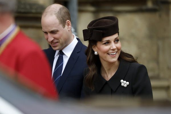 Britain's Prince William and Kate, Duchess of Cambridge, leave the annual Easter Sunday service at St George's Chapel at Windsor Castle in Windsor, En
