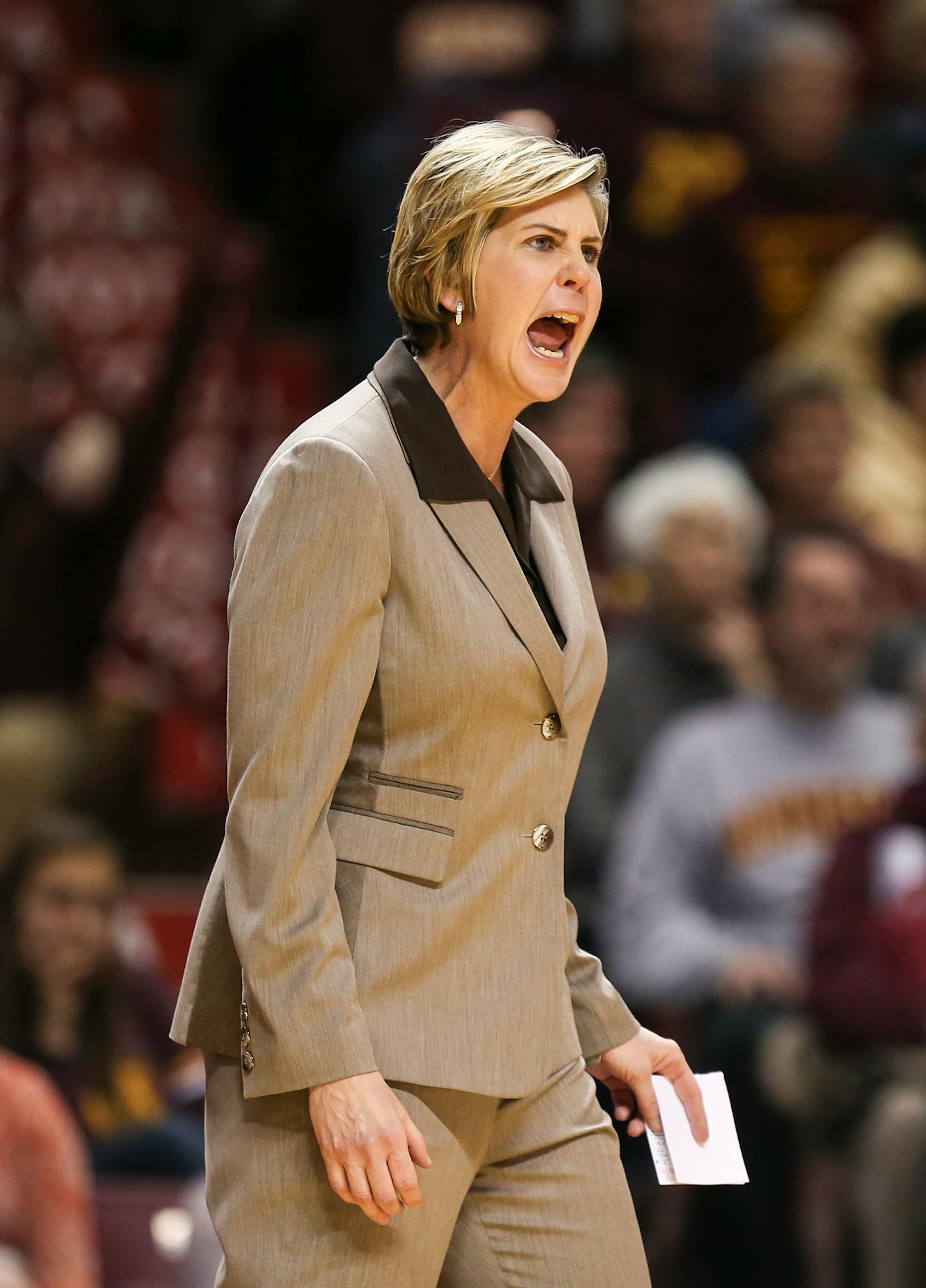 Gophers coach Marlene Stollings during the first half as the Gophers trailed by more than 10 points. ] RENEE JONES SCHNEIDER • reneejones@startribune.com Minnesota Gophers women's basketball verse. Purdue Boilermakers at Williams Arena at the University of Minnesota on Thursday, January 22, 2015 in Minneapolis, Minn.