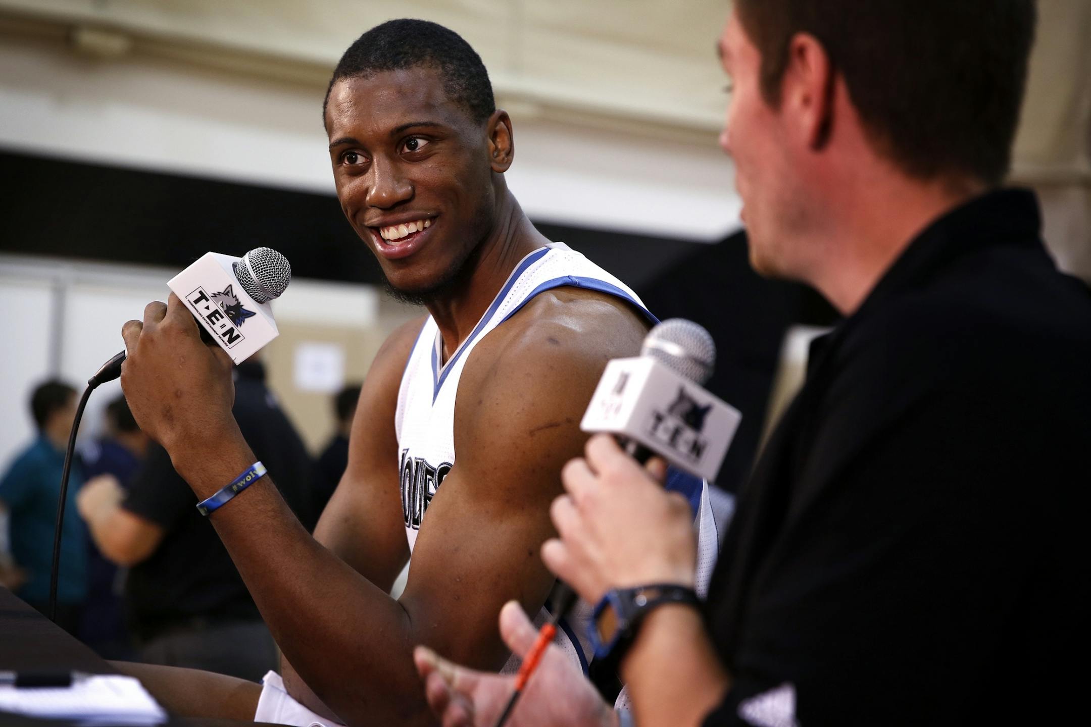Thaddeus Young does an interview duringTimberwolves media day at the Target Center on Monday, September 29, 2014.