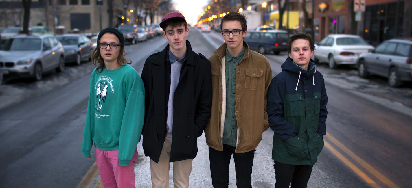 The suburban kids in Hippo Campus are getting to know the streets of Minneapolis. From left: Whistler Allen, Jake Luppen, Zach Sutton and Nathan Stocker.